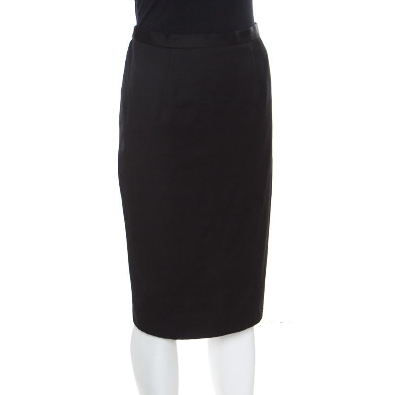 Christian Dior Black Textured Woven Cotton Pencil Skirt M In Good Condition In Dubai, Al Qouz 2