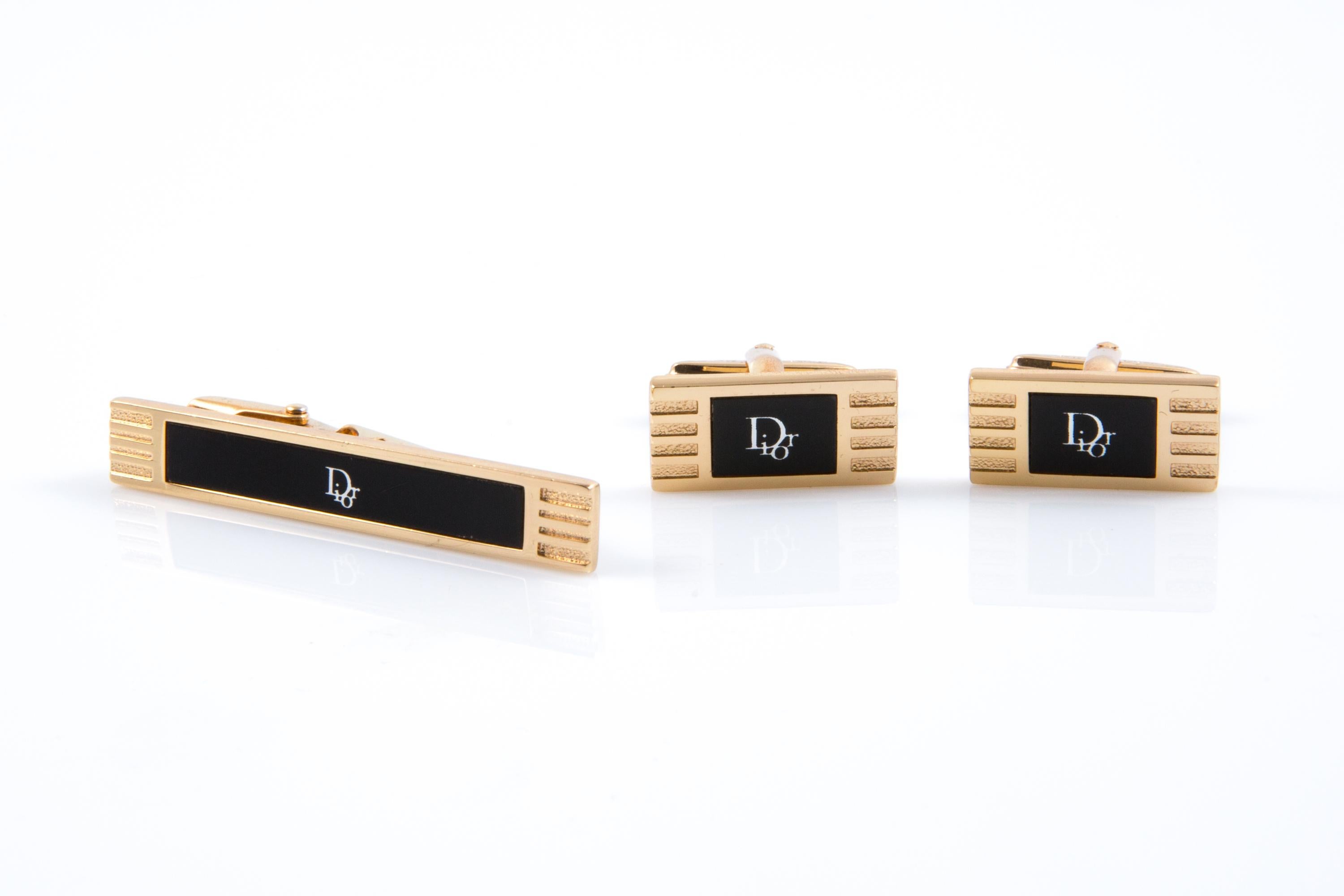Christian Dior Black Tie Clip And Cufflinks Set For Sale at 1stDibs