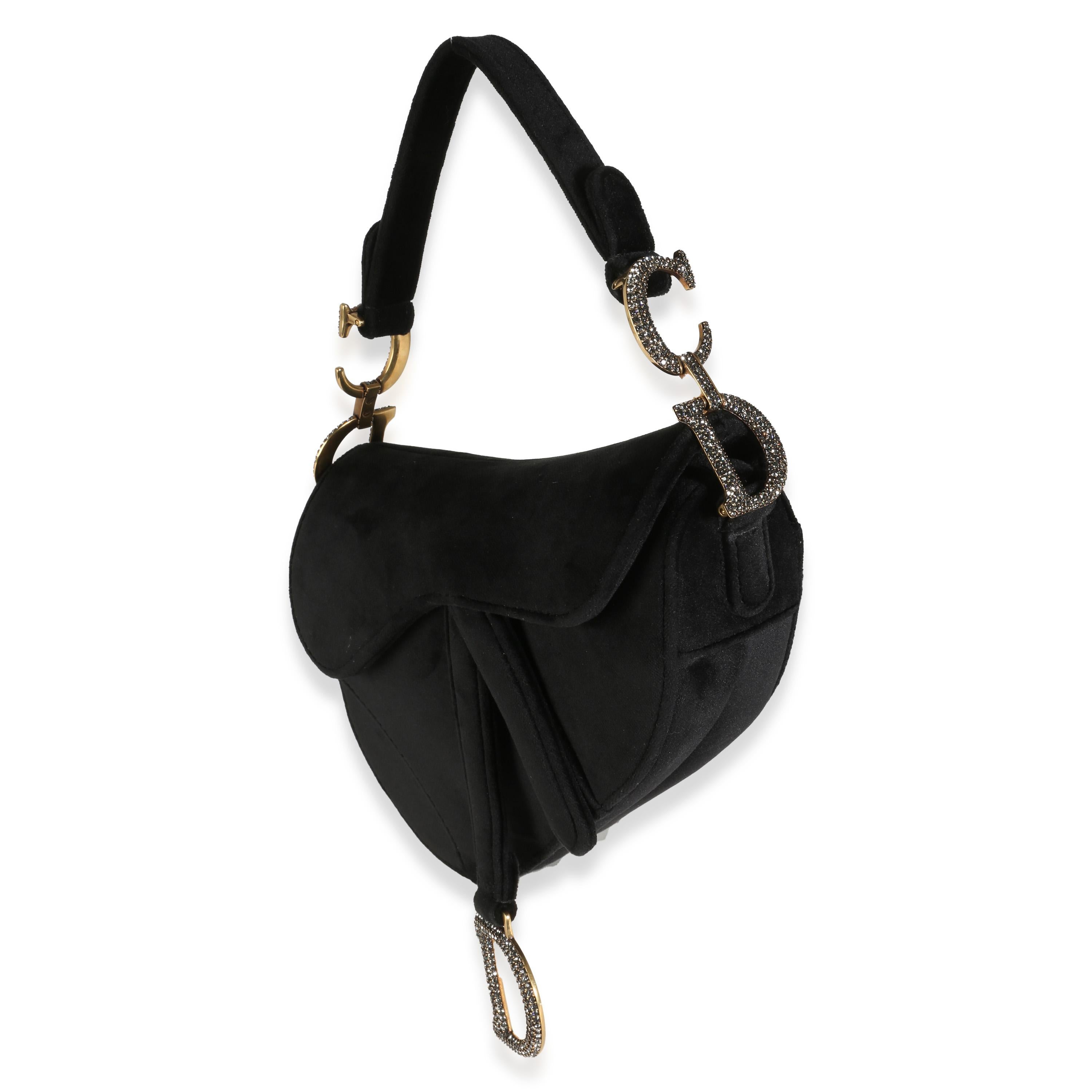 Women's Christian Dior Black Velvet Crystal Mini Saddle Bag For Sale