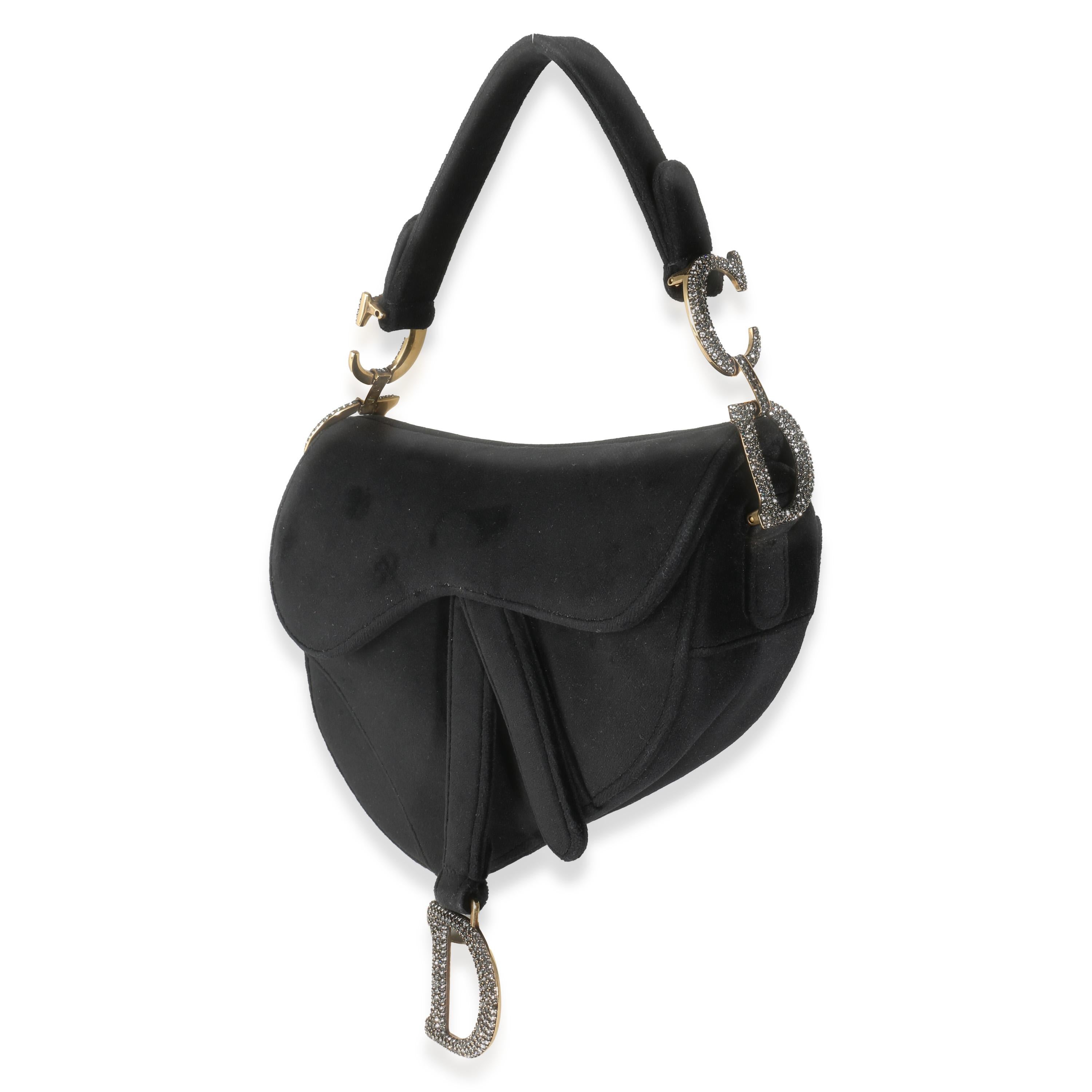 Women's or Men's Christian Dior Black Velvet Crystal Mini Saddle Bag For Sale