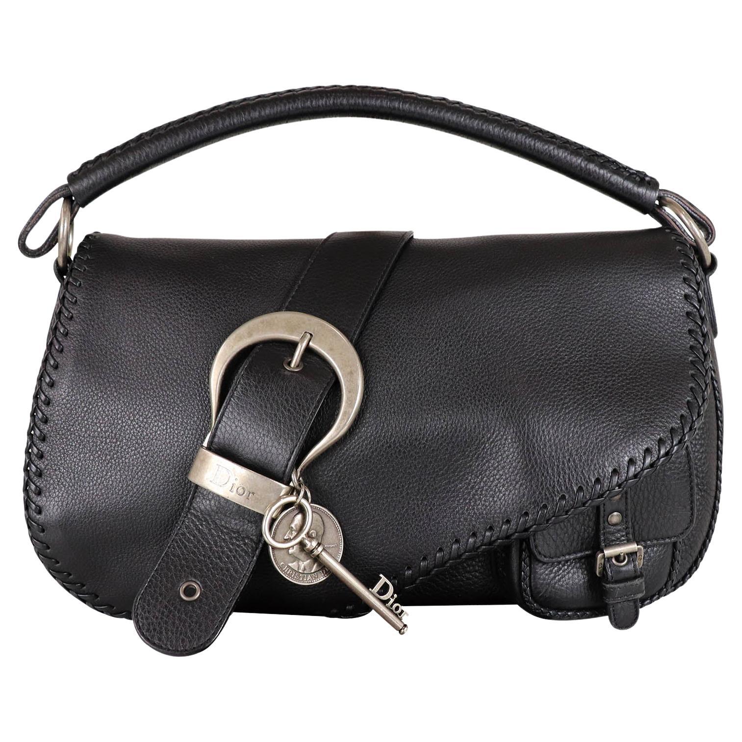 Christian Dior Black Whipstitched Gaucho Double Saddle Bag 2006