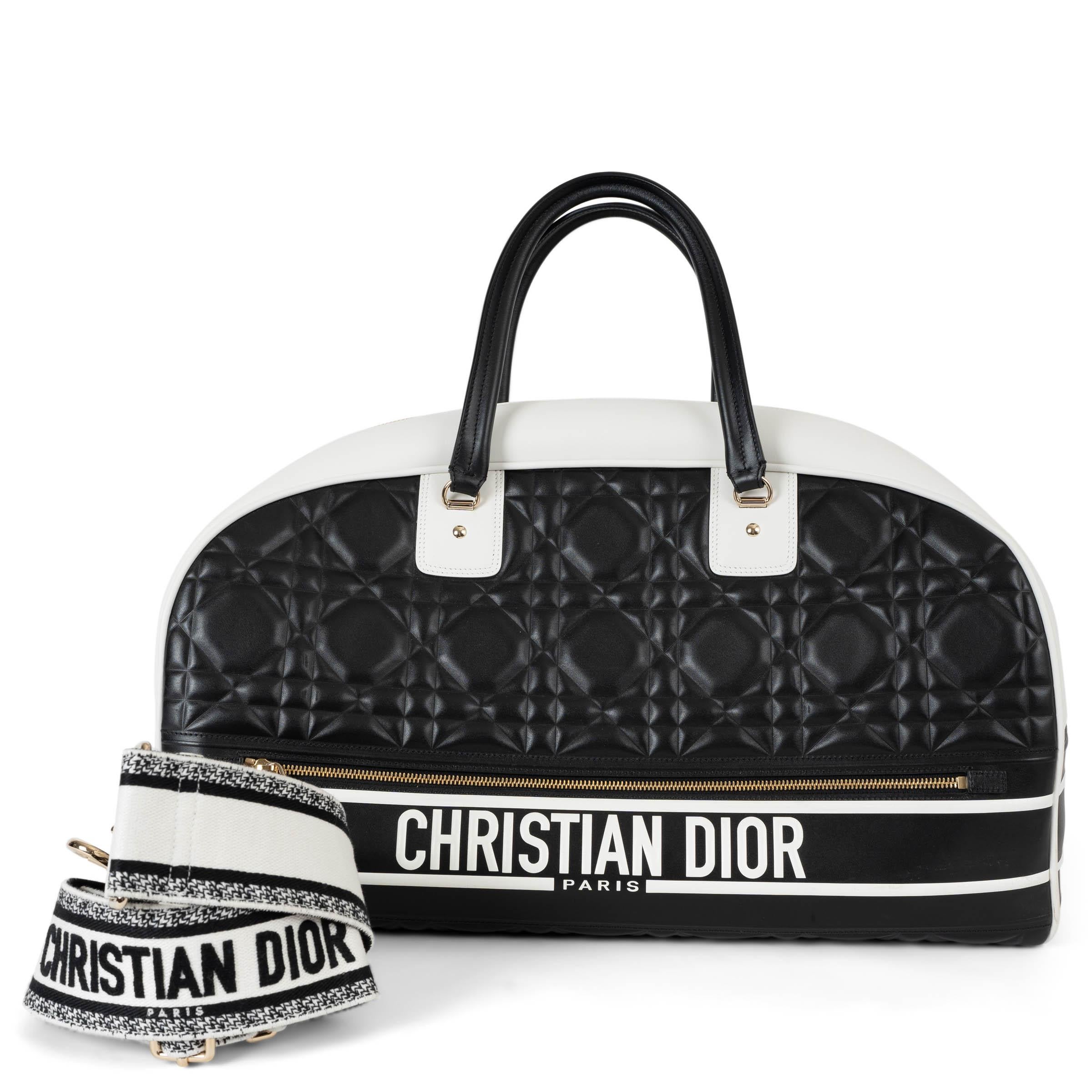 CHRISTIAN DIOR black & white Cannage leather 2022 VIBE LARGE Carry On Gym Bag