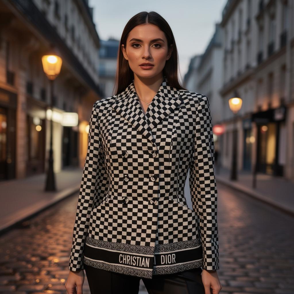 Una straordinaria giacca di Christian Dior
Cotone (80%), seta (16%) e nylon
Controllare il modello
Colore bianco e nero
Scritta frontale e posteriore di Christian Dior 
Chiusura a doppio petto con bottoni
Due tasche
Lunghezza spalla/orlo cm 55