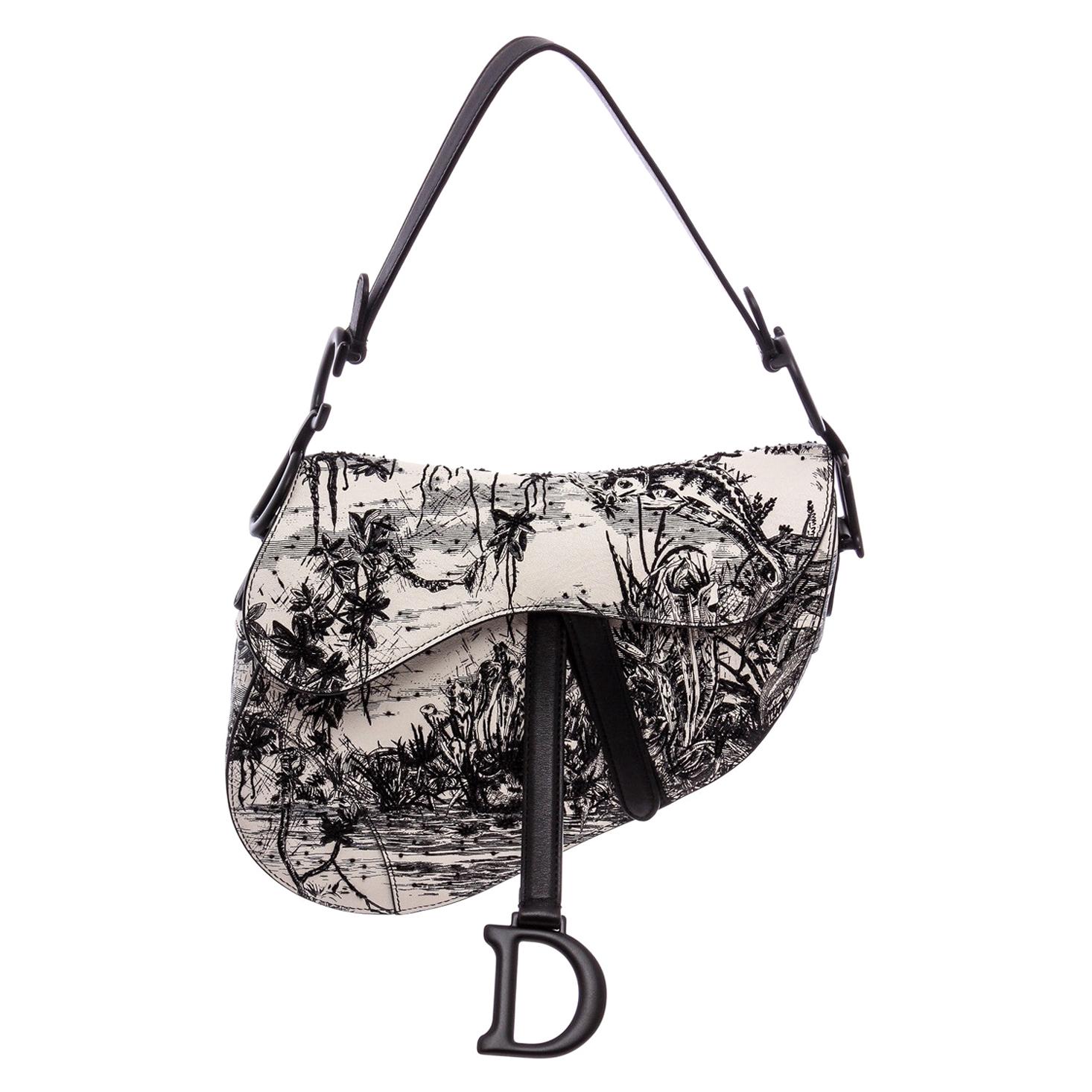 Christian Dior Black White Embroidered Leather Medium Saddle Bag