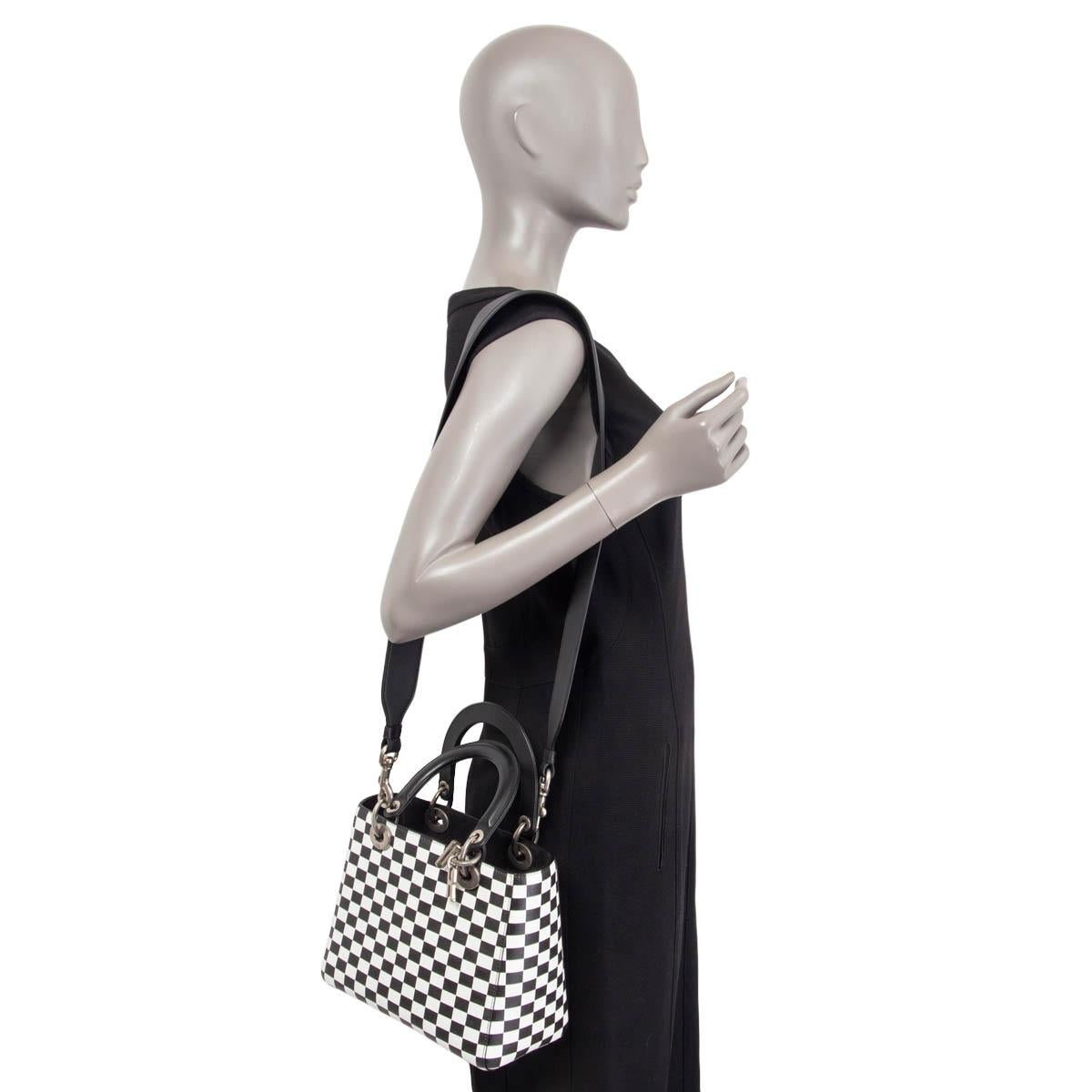 CHRISTIAN DIOR black & white leather 2018 CHECK LADY DIOR MEDIUM TOTE Bag For Sale 3