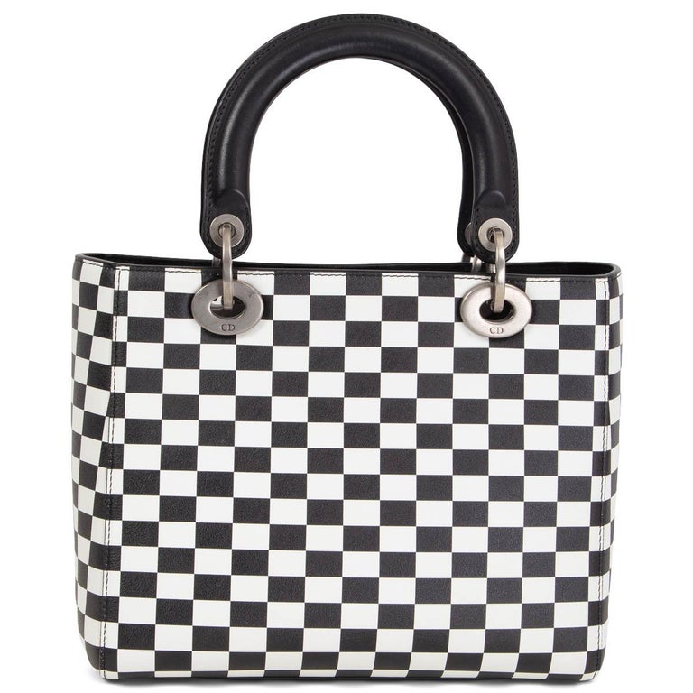 CHRISTIAN DIOR black and white leather 2018 CHECK LADY DIOR MEDIUM TOTE