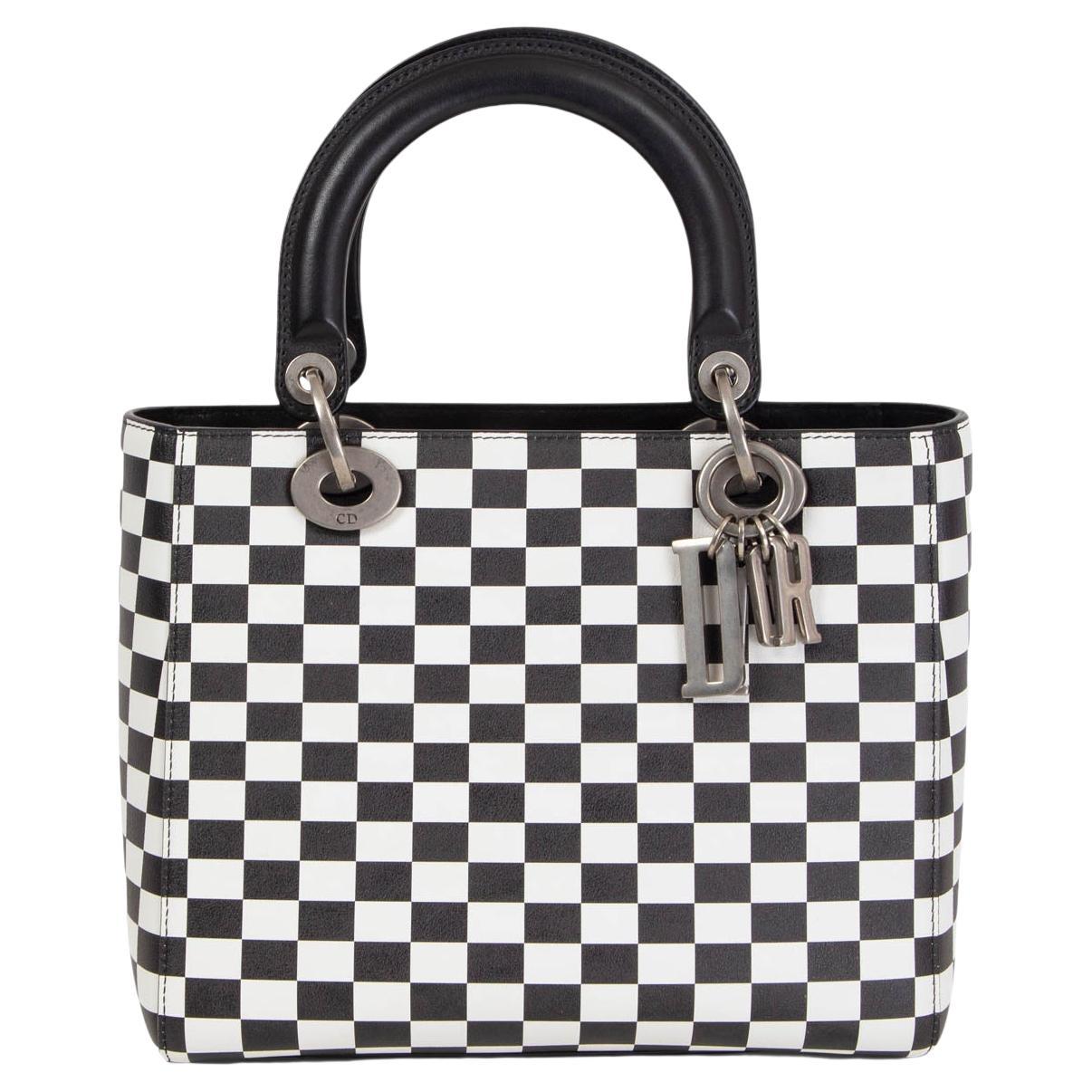 CHRISTIAN DIOR black & white leather 2018 CHECK LADY DIOR MEDIUM TOTE Bag