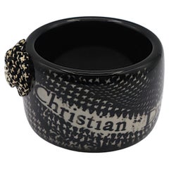 CHRISTIAN DIOR Black & White Resin Houndstooth Print Cuff Bracelet