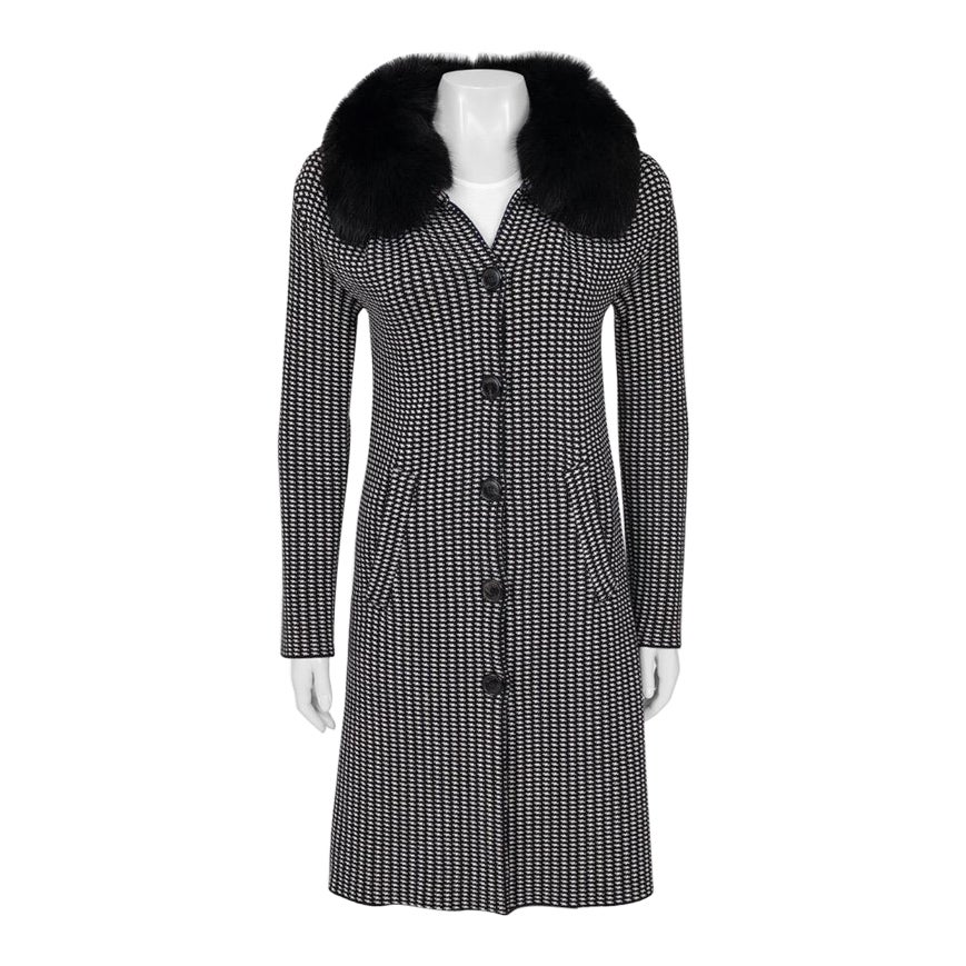 Christian Dior Schwarzer & Weißer Woll- & Fuchspelzmantel Sz. S im Angebot