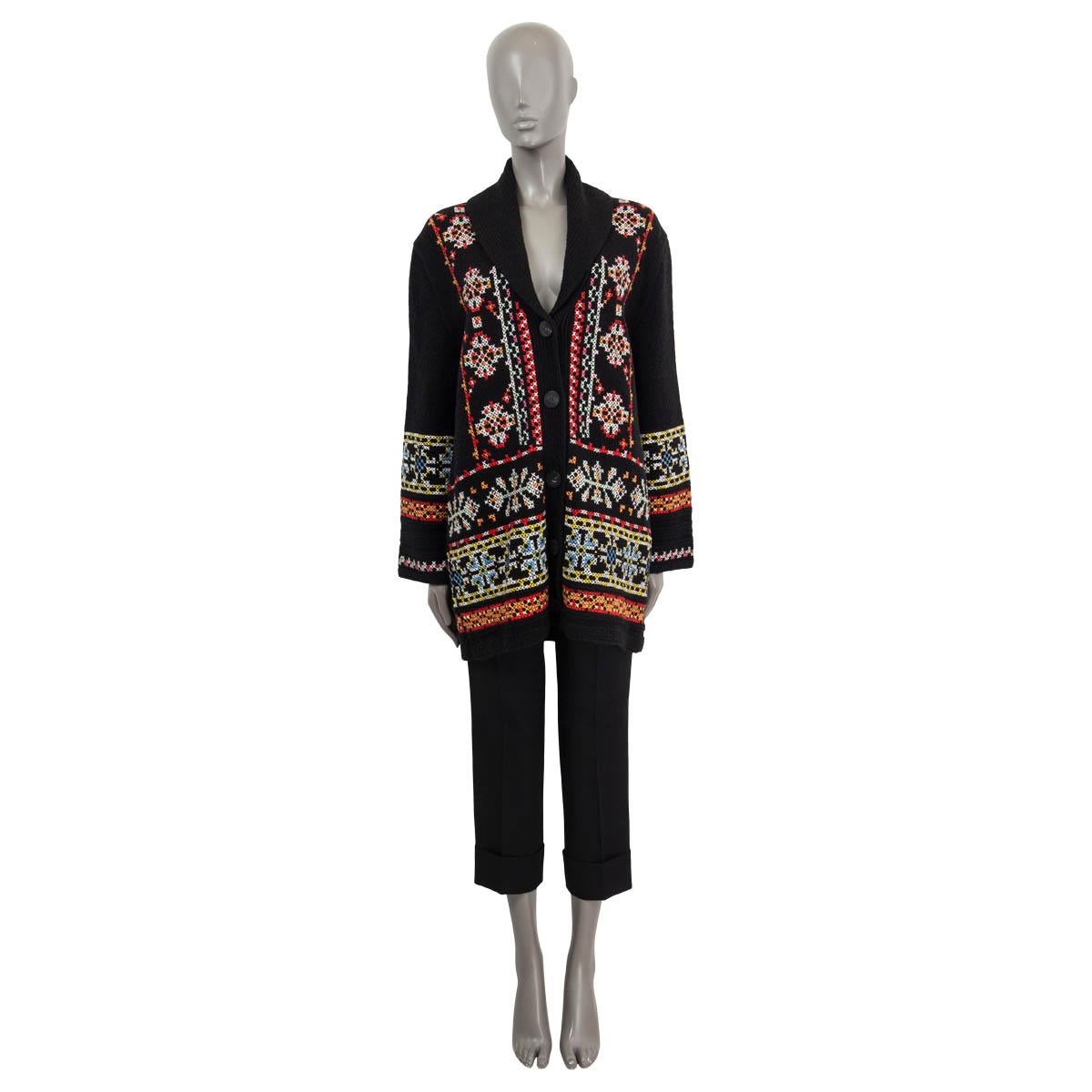100% authentic Christian Dior Pre-Fall 2019 embroidered long knit cardigan in black, red, yellow, white, pastel pink and orange wool (78%) and cashmere (22%). Opens with five buttons on the front. Unlined. Has been worn and is in excellent