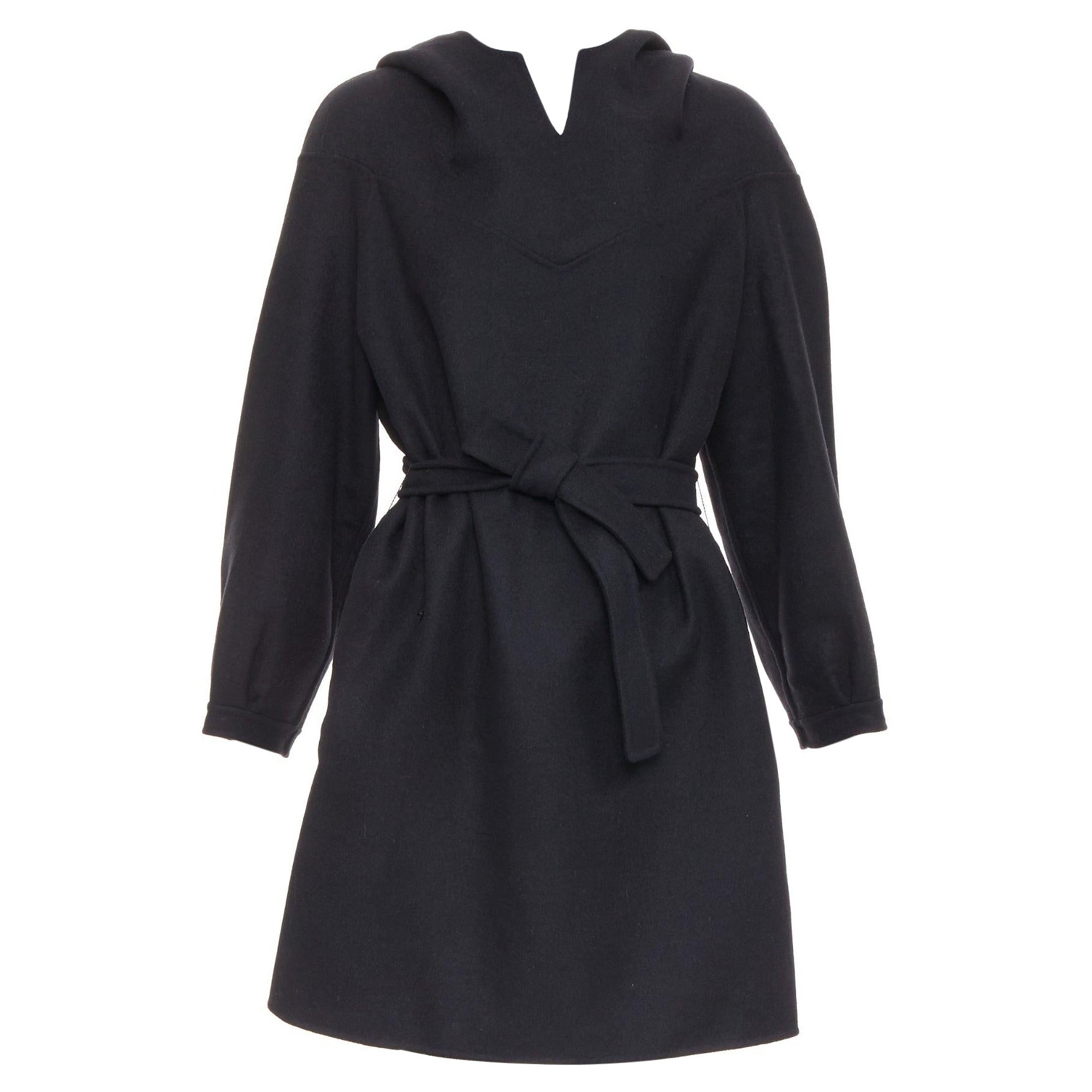 CHRISTIAN DIOR abito in lana angora nero con cappuccio e cintura FR38 M