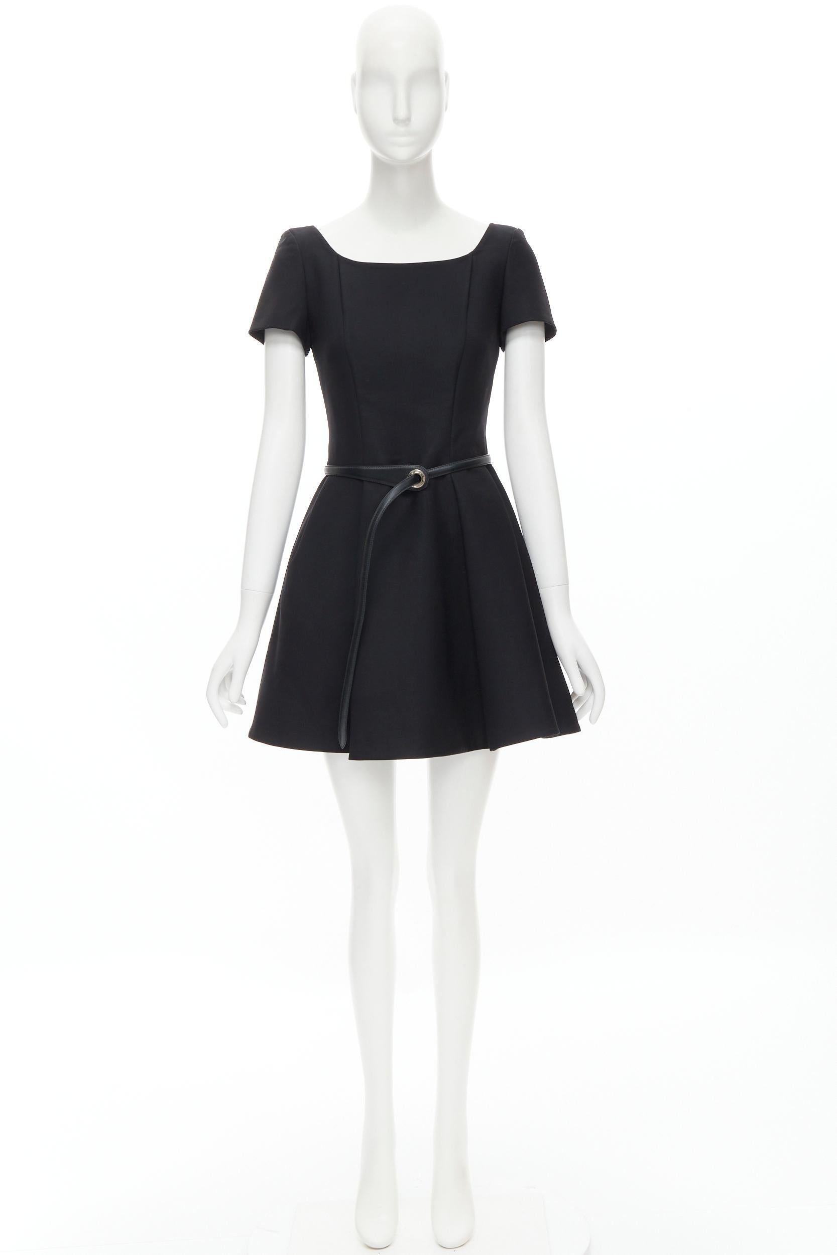 CHRISTIAN DIOR black wool pinched seam leather belt fit flare dress  FR36 S 6