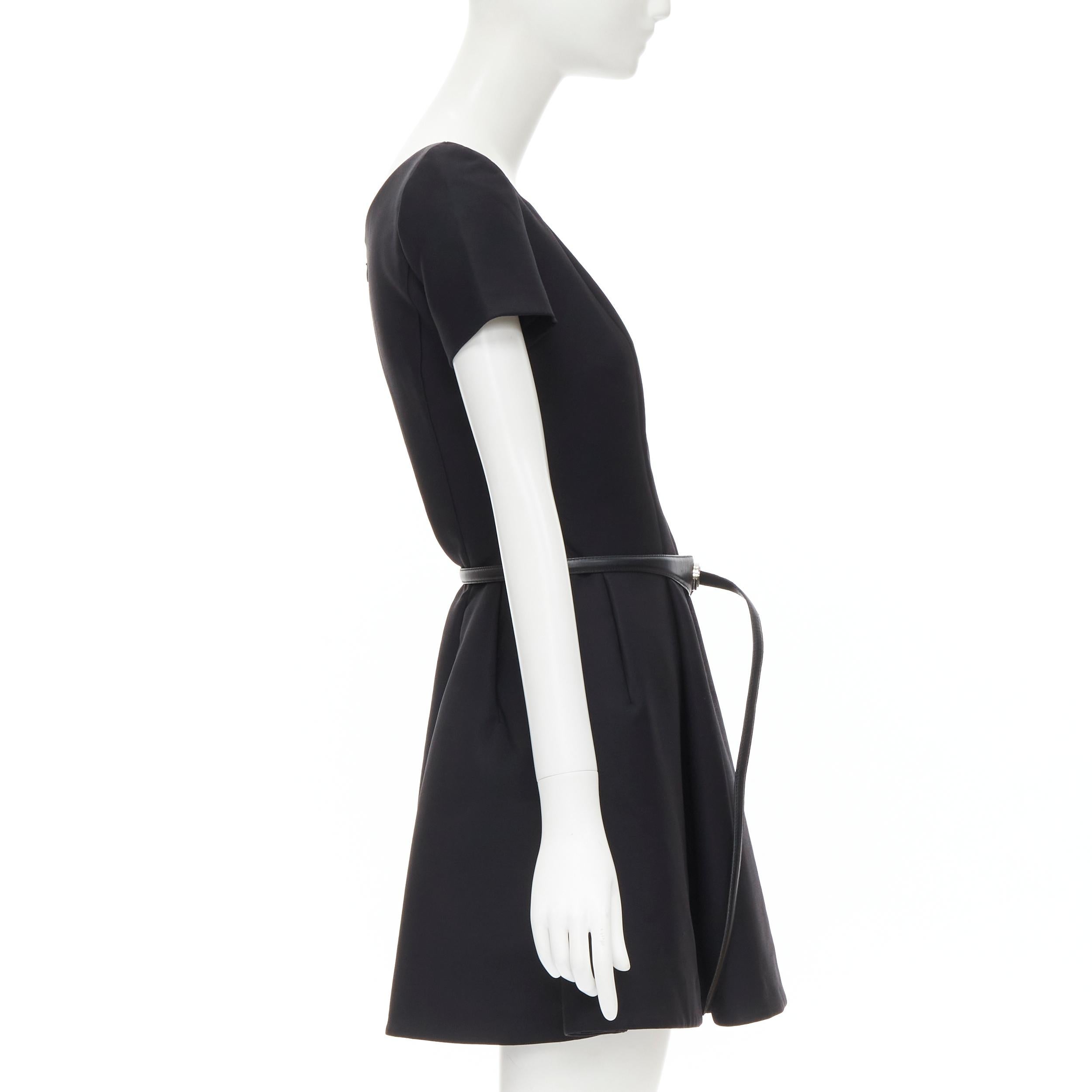Black CHRISTIAN DIOR black wool pinched seam leather belt fit flare dress  FR36 S