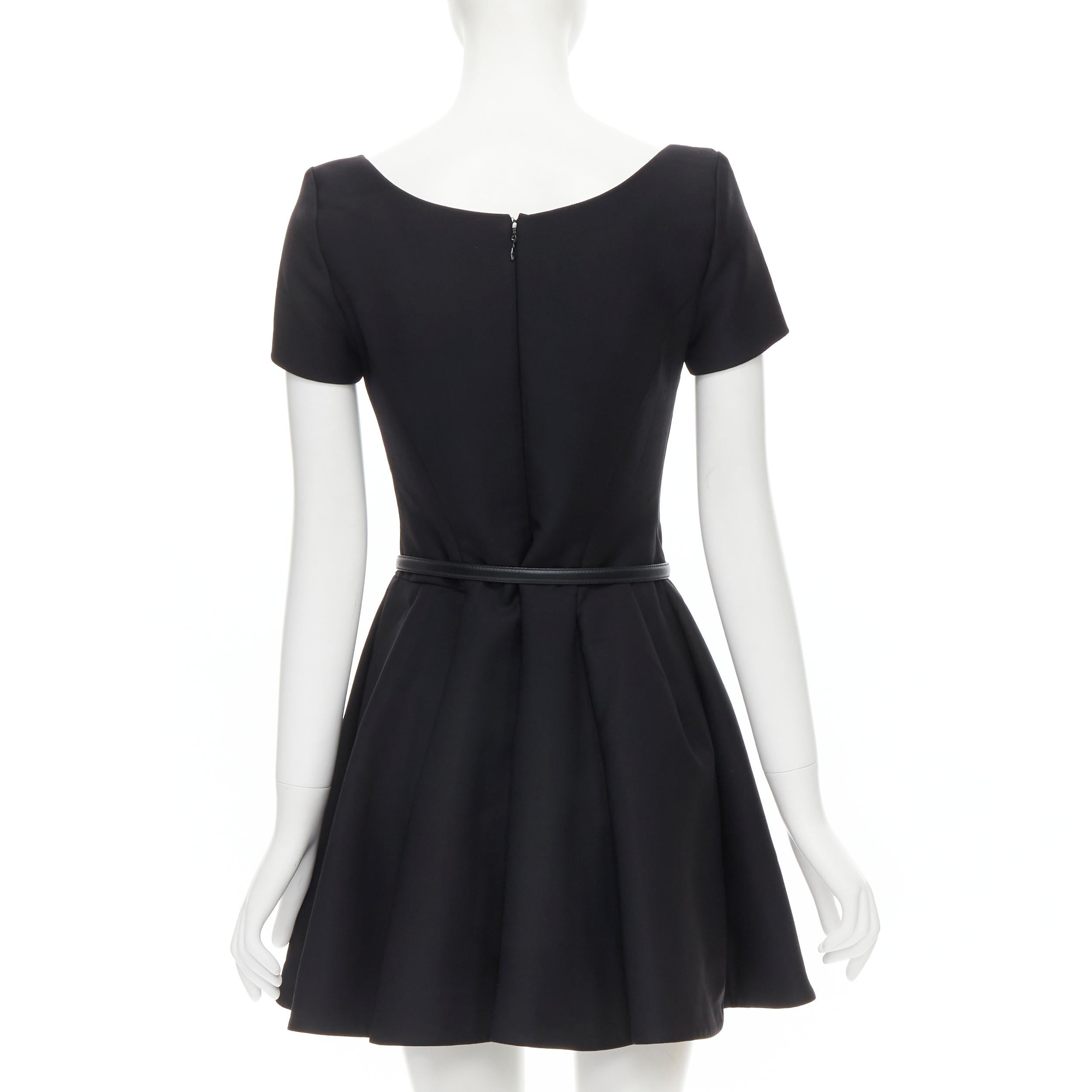 CHRISTIAN DIOR black wool pinched seam leather belt fit flare dress  FR36 S In Excellent Condition In Hong Kong, NT