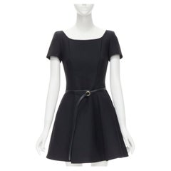 CHRISTIAN DIOR black wool pinched seam leather belt fit flare dress  FR36 S