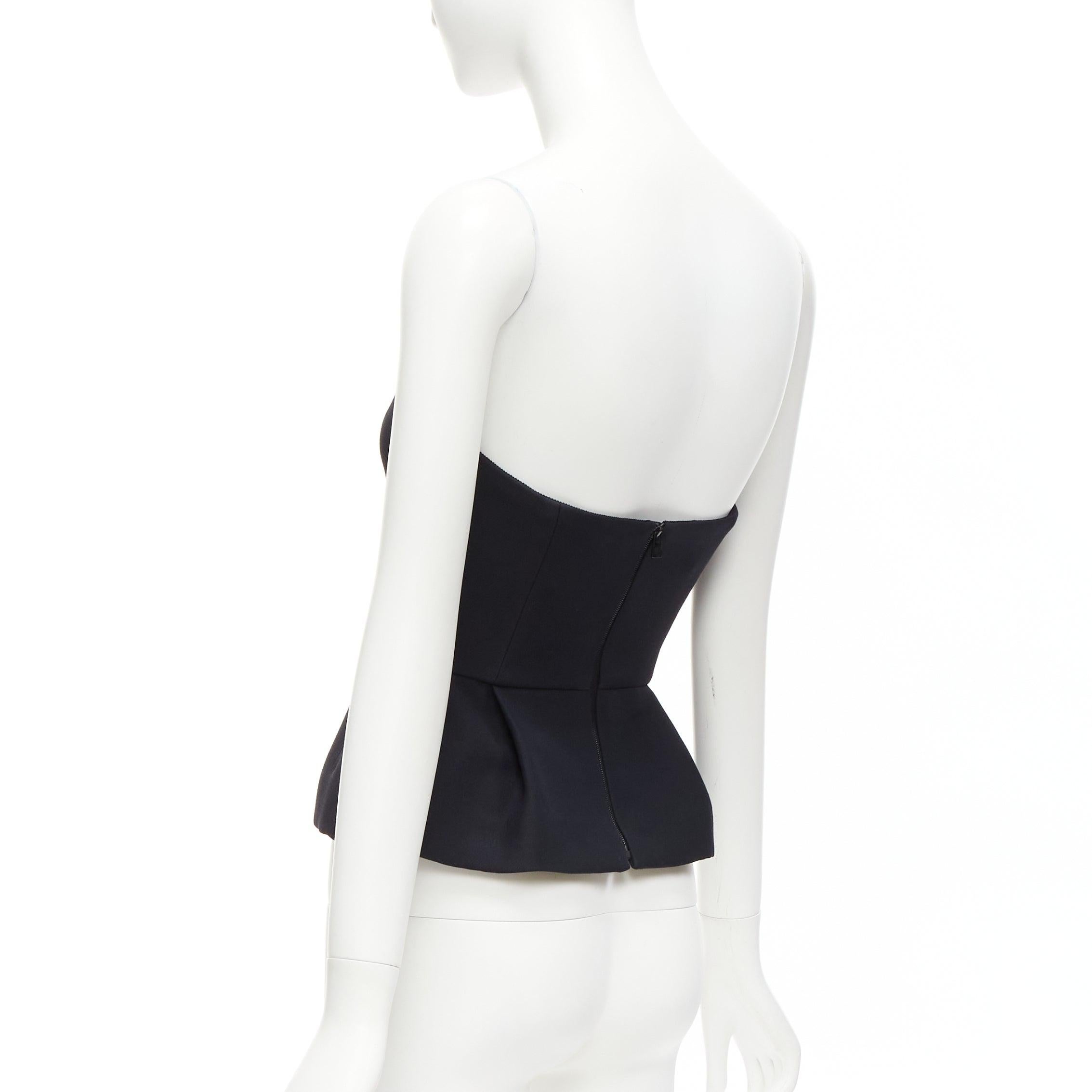 CHRISTIAN DIOR black wool silk minimal boned corset peplum bustier top FR34 XS For Sale 2