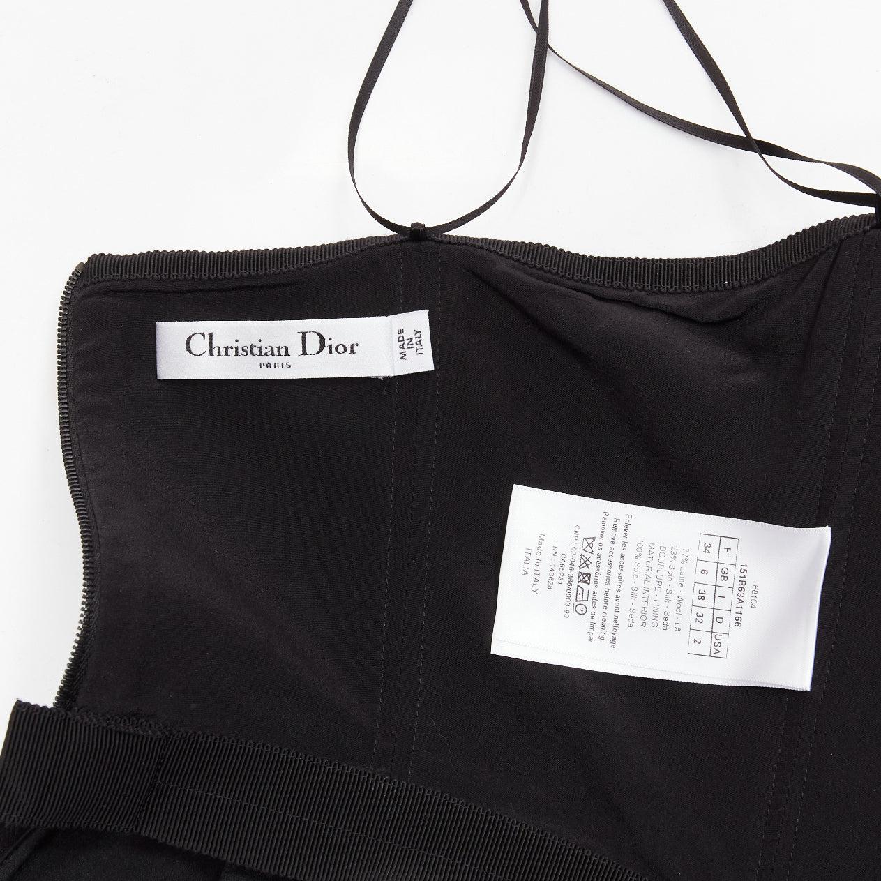 CHRISTIAN DIOR black wool silk minimal boned corset peplum bustier top FR34 XS For Sale 4