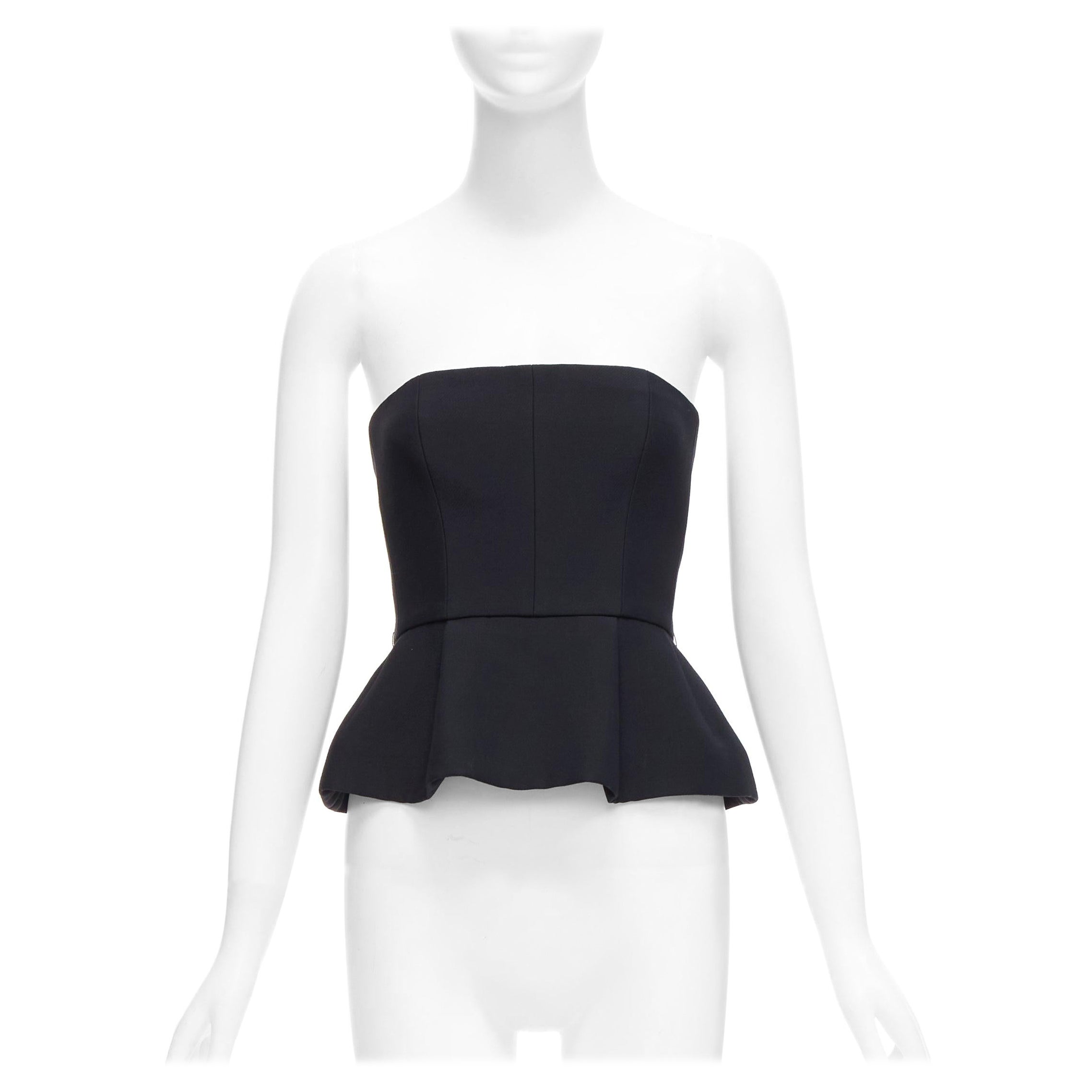 CHRISTIAN DIOR black wool silk minimal boned corset peplum bustier top FR34 XS