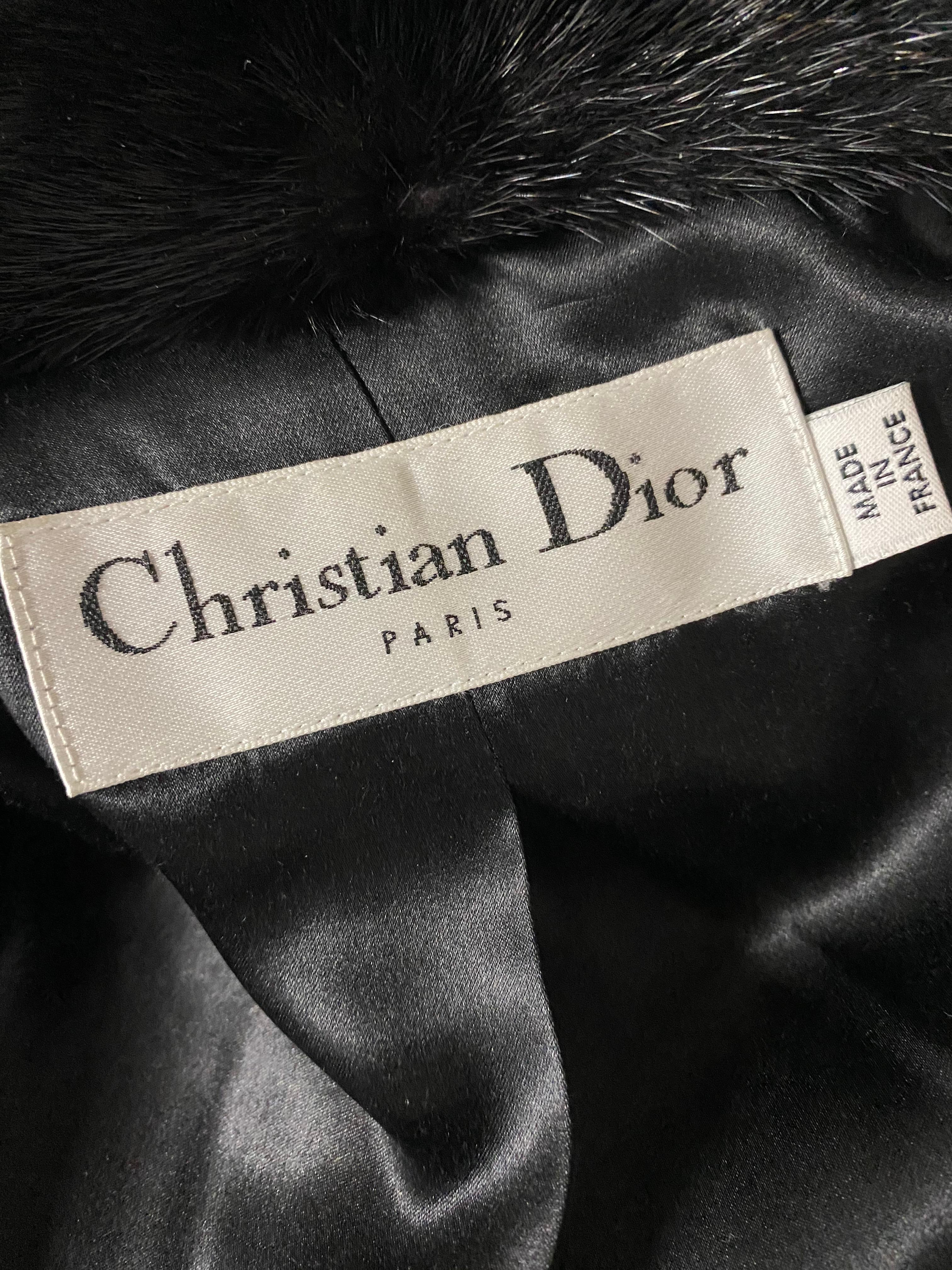 Christian Dior - Veste manteau en tweed de laine noir et fourrure, taille 40 7