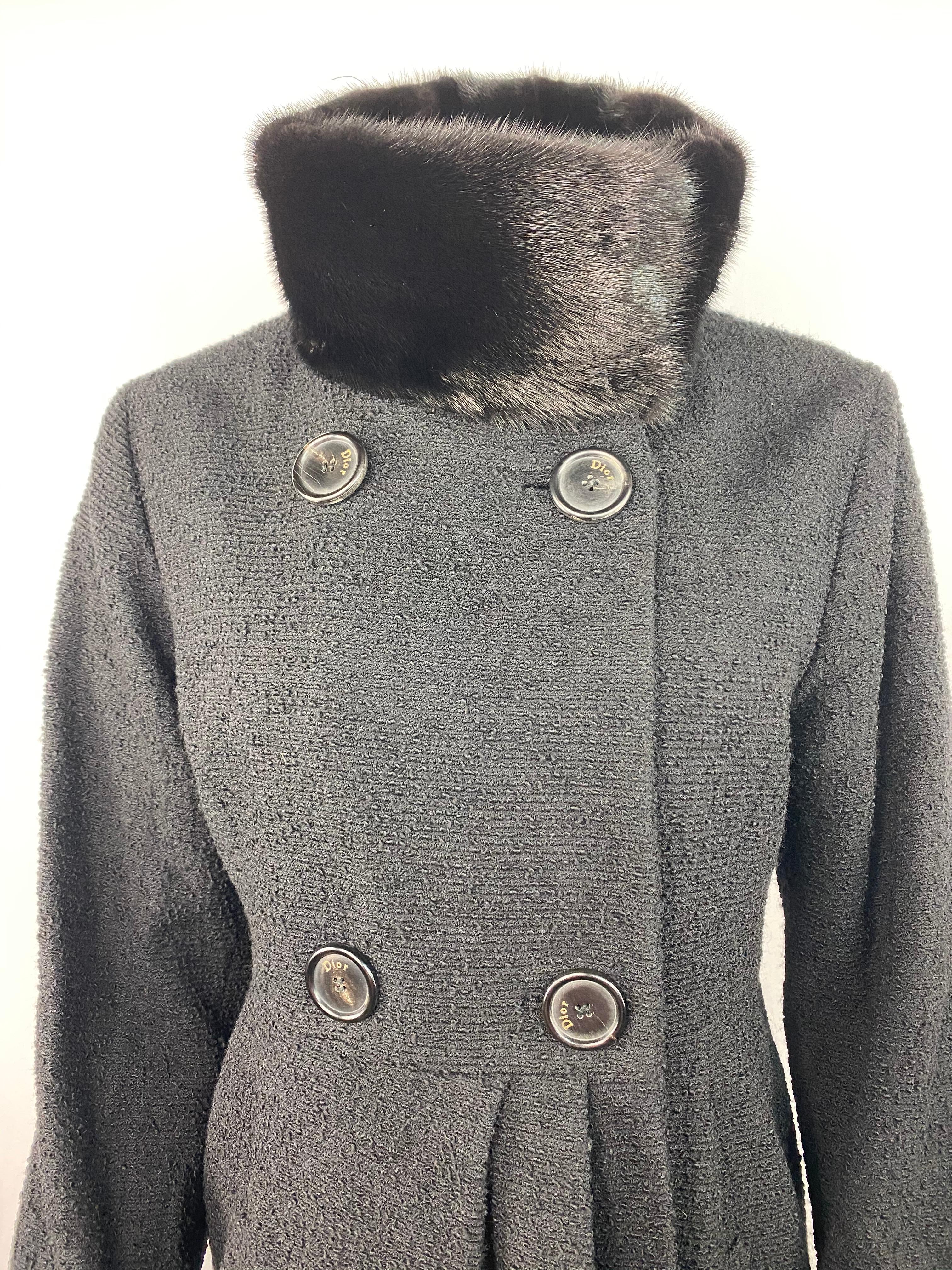 Product details:

Size FR 40, US 8.
Featuring 97% pure virgin wool in black color and 100% mink fur collar detail, tweed style and lightweight fabric with four black large Dior stamped buttons closure and pocket on each side.
Made in France.