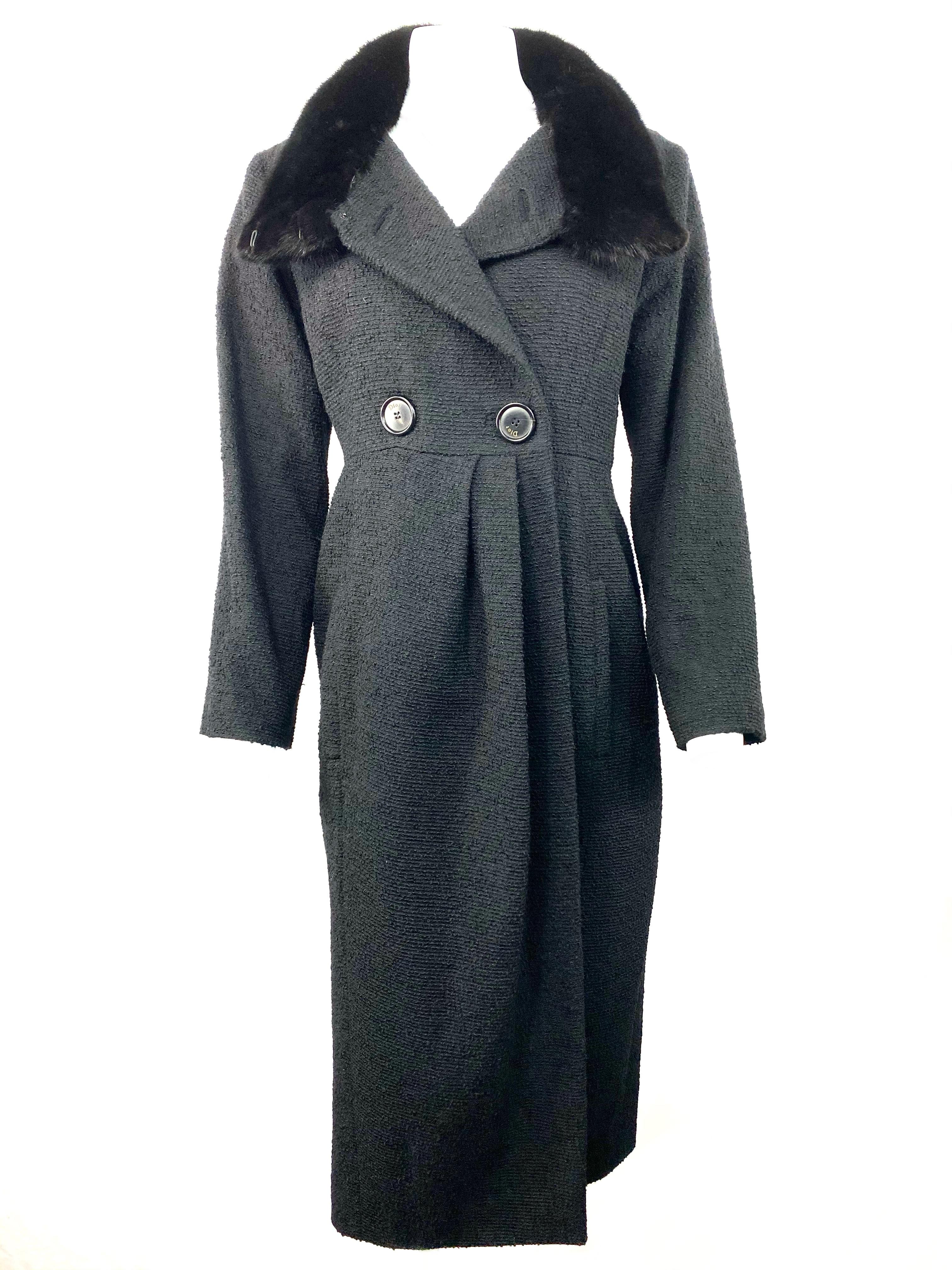 Noir Christian Dior - Veste manteau en tweed de laine noir et fourrure, taille 40