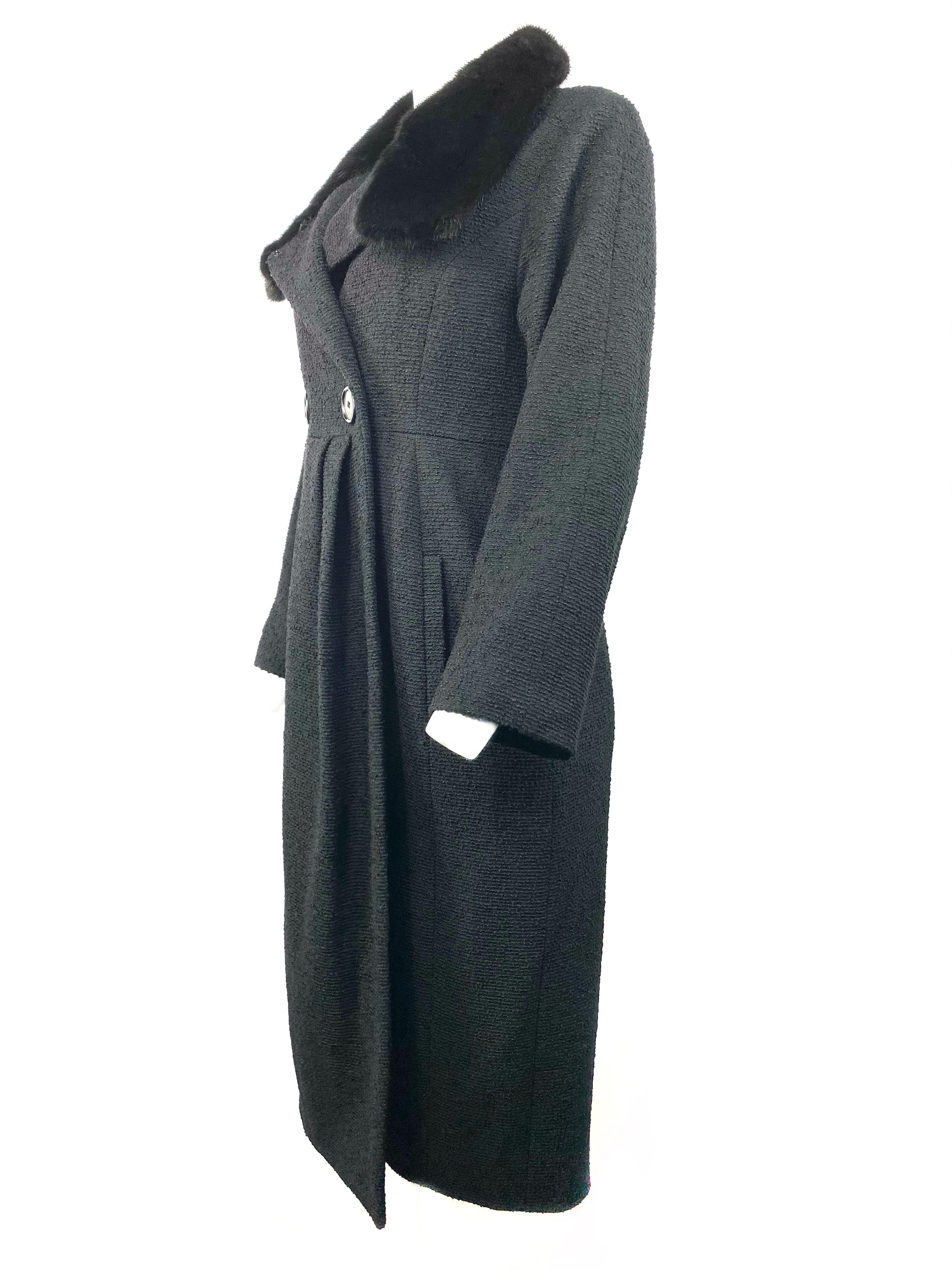 Christian Dior - Veste manteau en tweed de laine noir et fourrure, taille 40 1