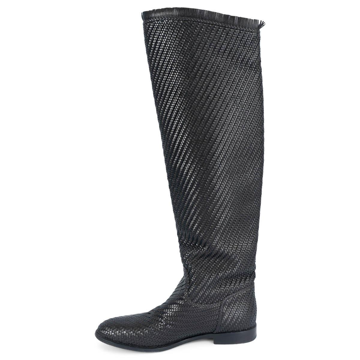 Black CHRISTIAN DIOR black woven leather 2020 GLOBAL RIDING Boots Shoes 38.5 For Sale