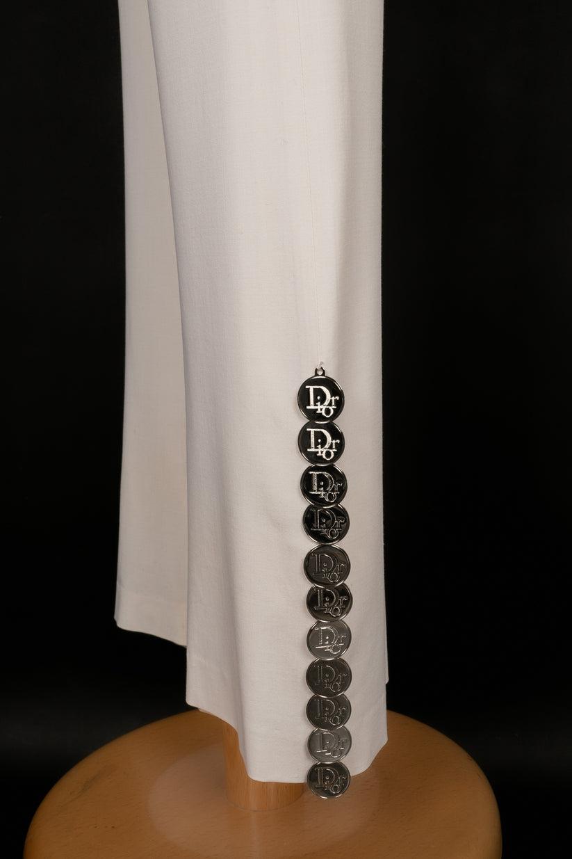 Christian Dior Blended Wool Pants with Silvery Metal Medallion Charms For Sale 1