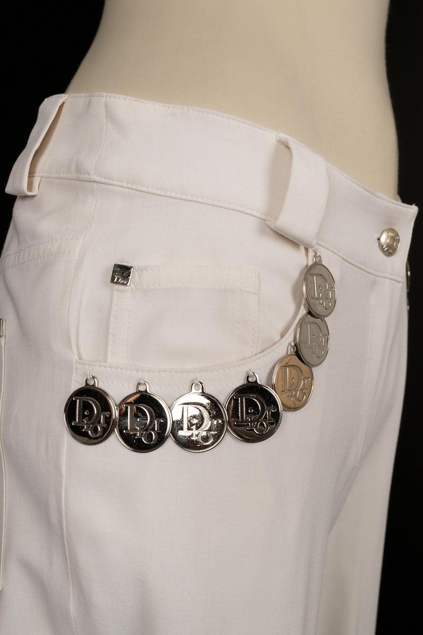 Christian Dior Blended Wool Pants with Silvery Metal Medallion Charms For Sale 2
