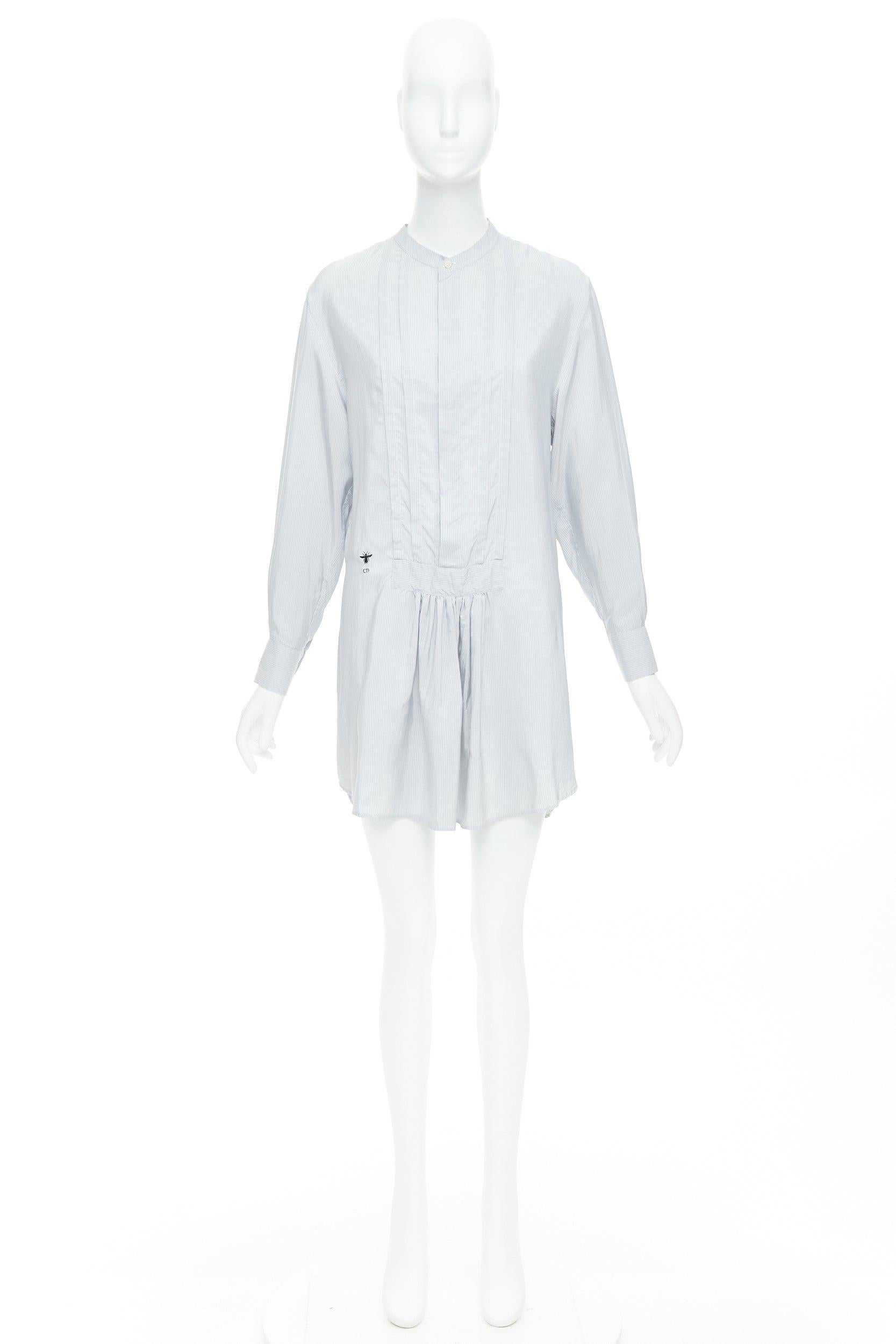 CHRISTIAN DIOR blue 100% silk CD bee embroidery button down shirt dress FR36 S For Sale 4