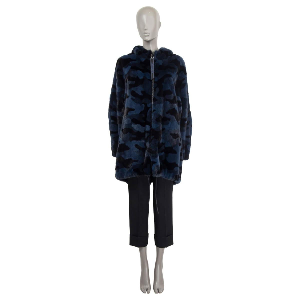 100% authentic Christian Dior hooded zip coat in navy and black camouflage mink fur (100%). Features long sleeves, a slit on the back and two side slit pockets. Opens with a 'Christian Dior' zipper on the front. Lined in black and navy goat leather