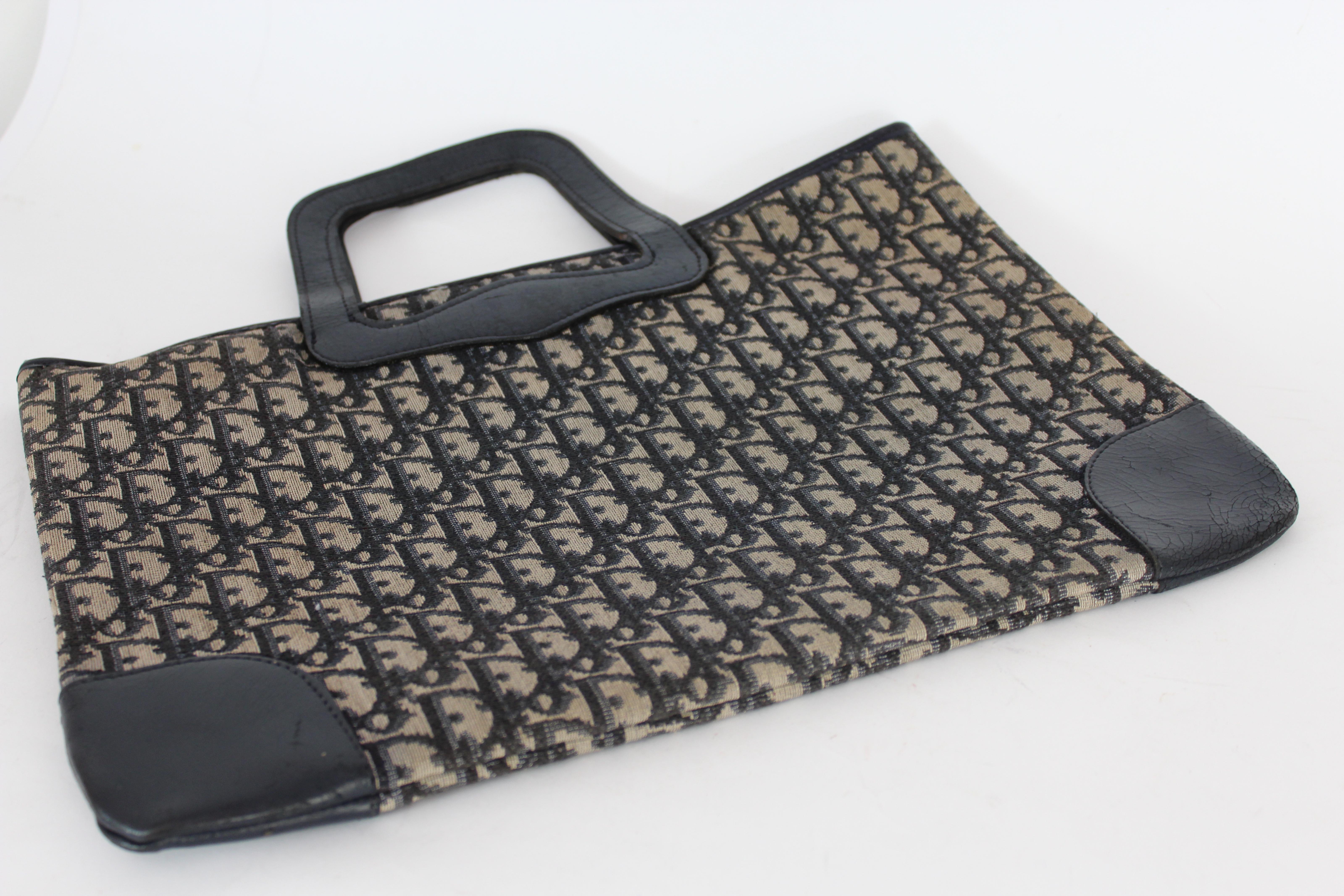 Black Christian Dior Blue Beige Leather Canvas Tapestry Monogram Bag 1970s