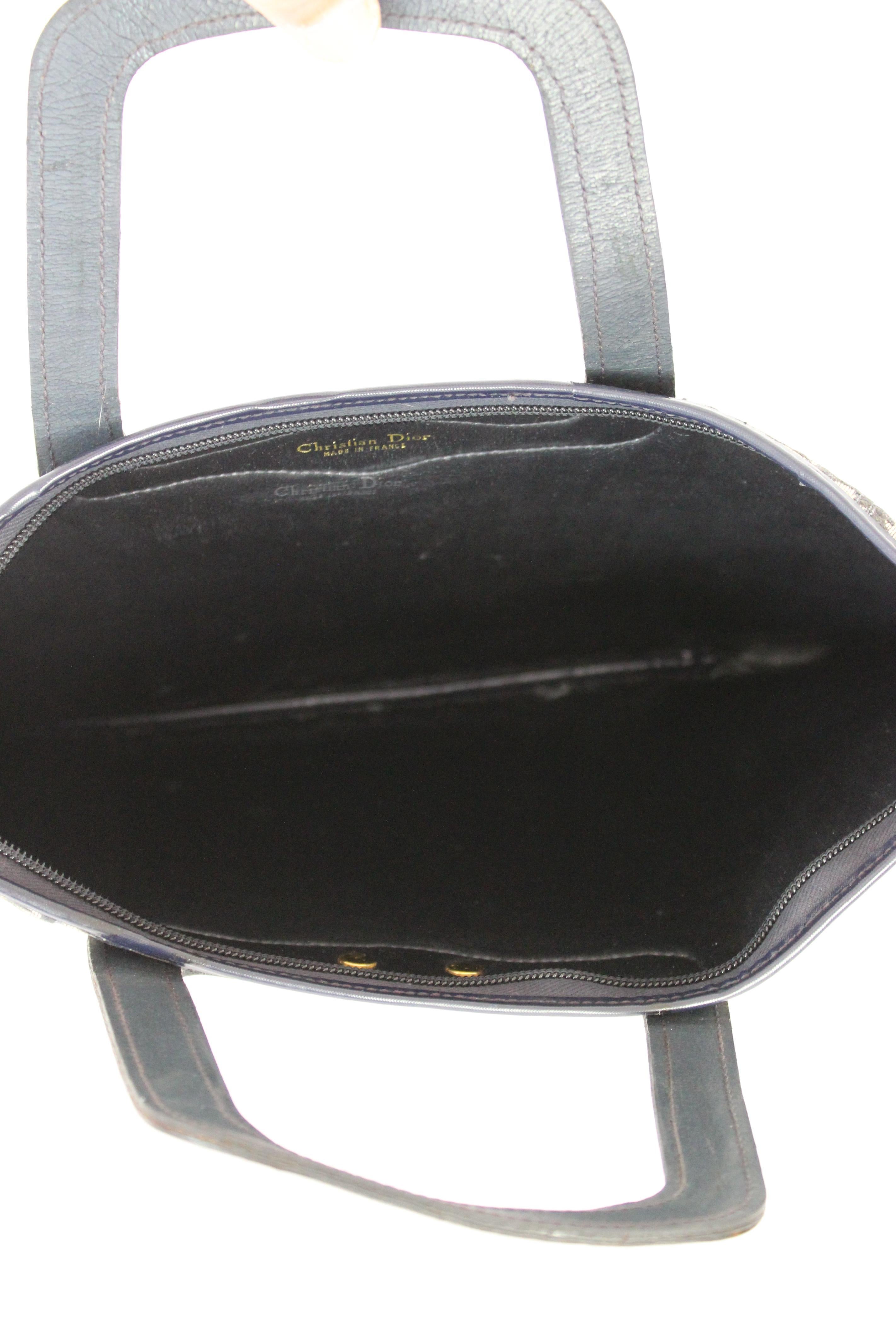 Women's Christian Dior Blue Beige Leather Canvas Tapestry Monogram Bag 1970s