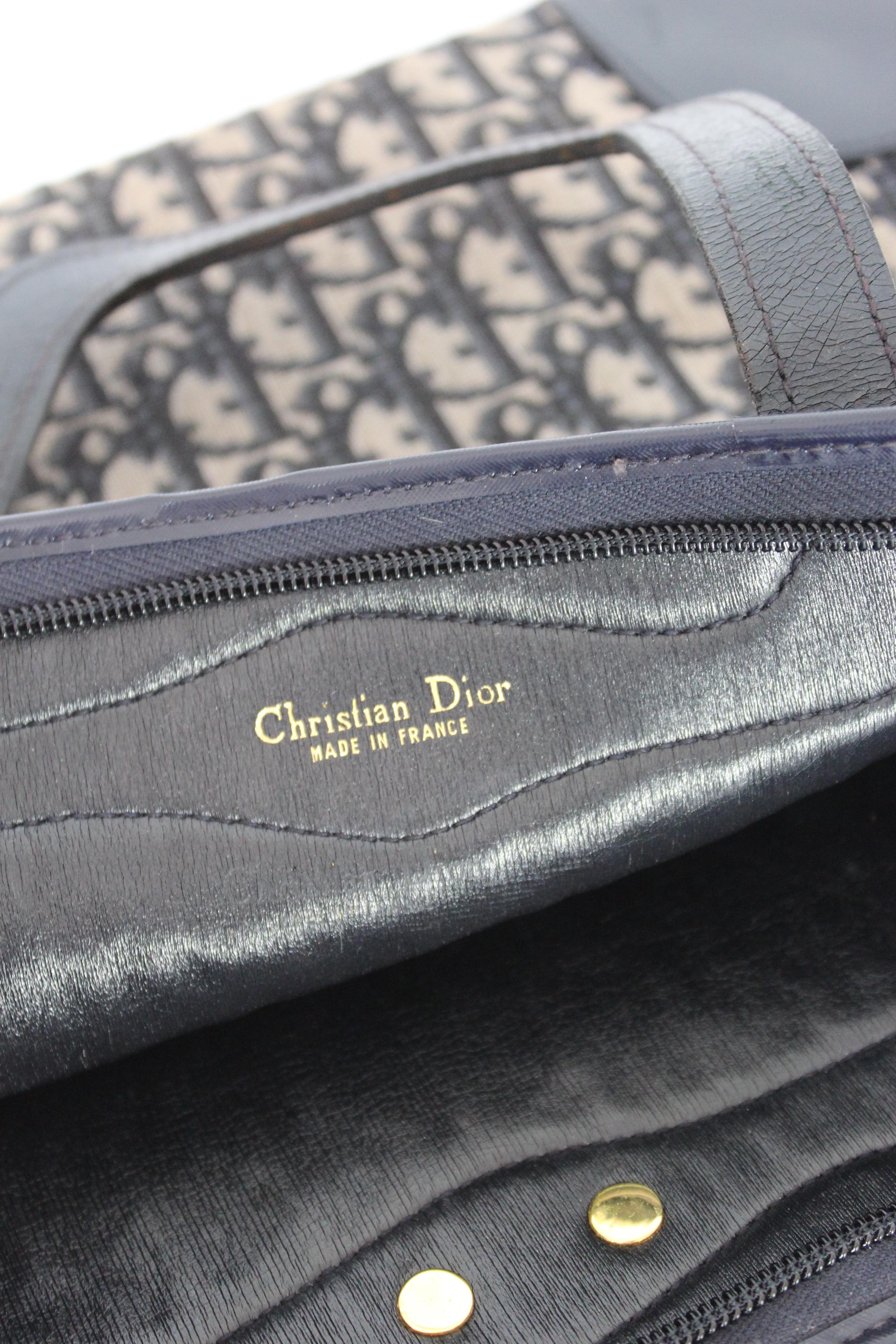 Christian Dior Blue Beige Leather Canvas Tapestry Monogram Bag 1970s 1