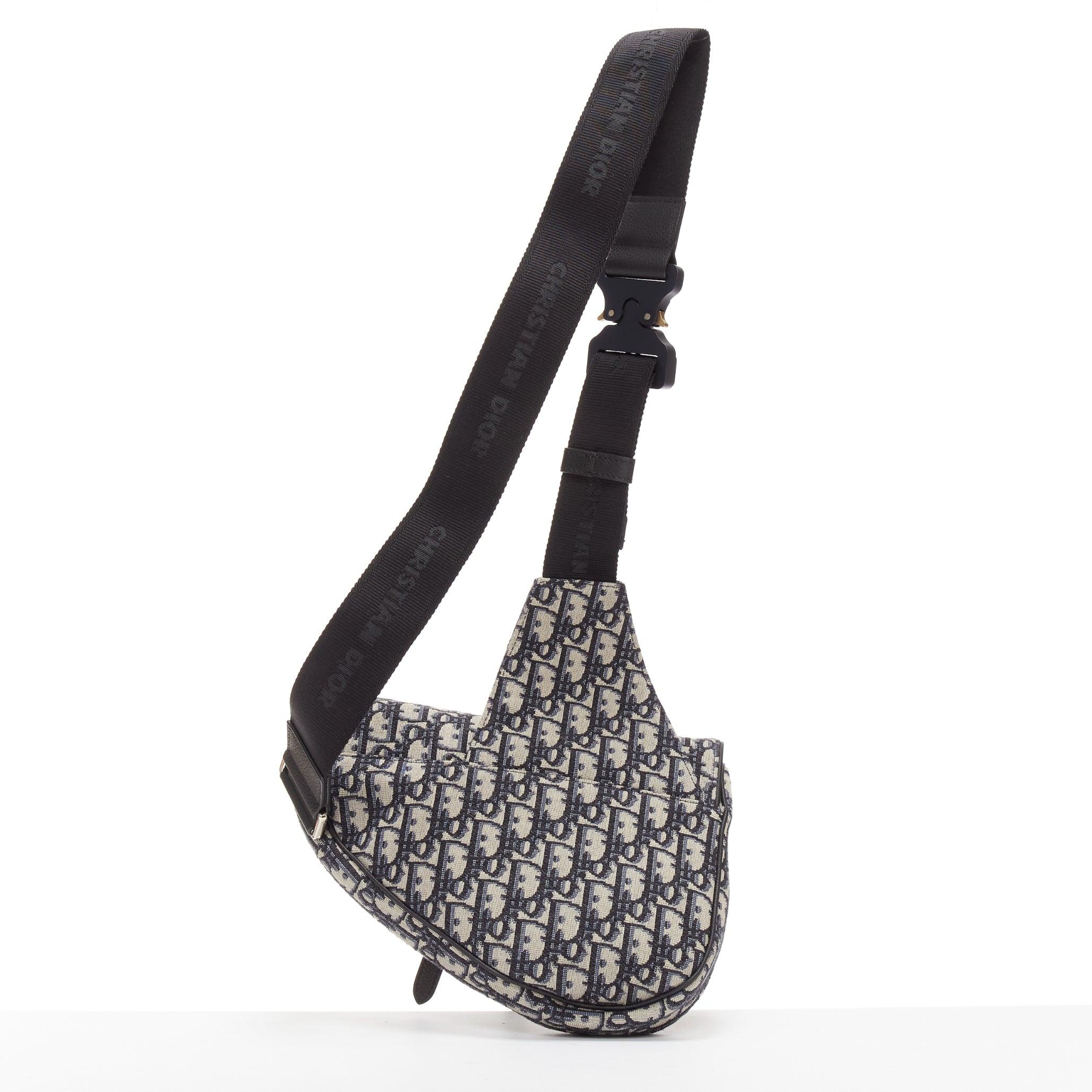 Women's CHRISTIAN DIOR blue black CD logo monogram oblique canvas sadde shoulder bag For Sale