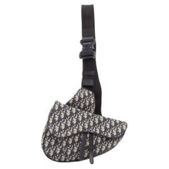 CHRISTIAN DIOR blue black CD logo monogram oblique canvas sadde shoulder bag