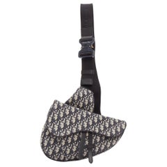 CHRISTIAN DIOR blue black CD logo monogram oblique canvas sadde shoulder bag