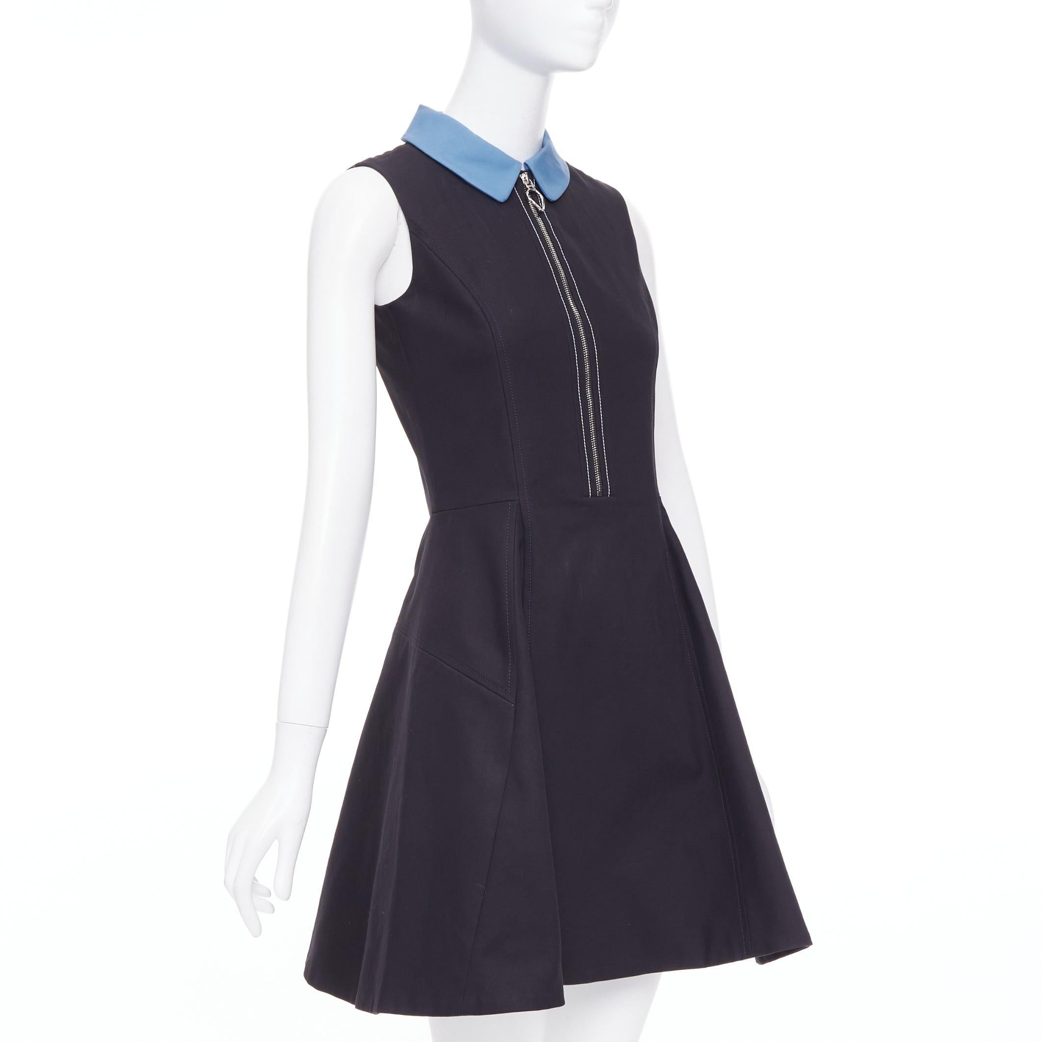 Noir CHRISTIAN DIOR bleu noir coton demi-fermeture éclair A-line soie doublée robe FR34 XS en vente
