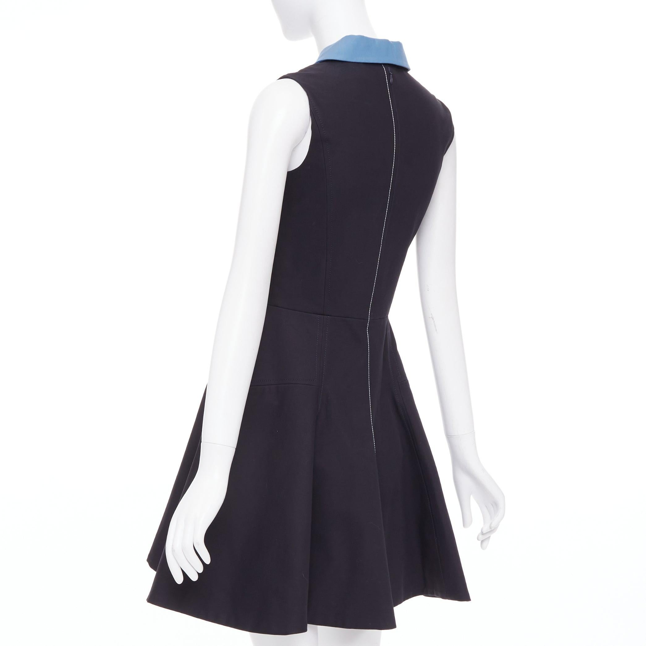 CHRISTIAN DIOR bleu noir coton demi-fermeture éclair A-line soie doublée robe FR34 XS en vente 1