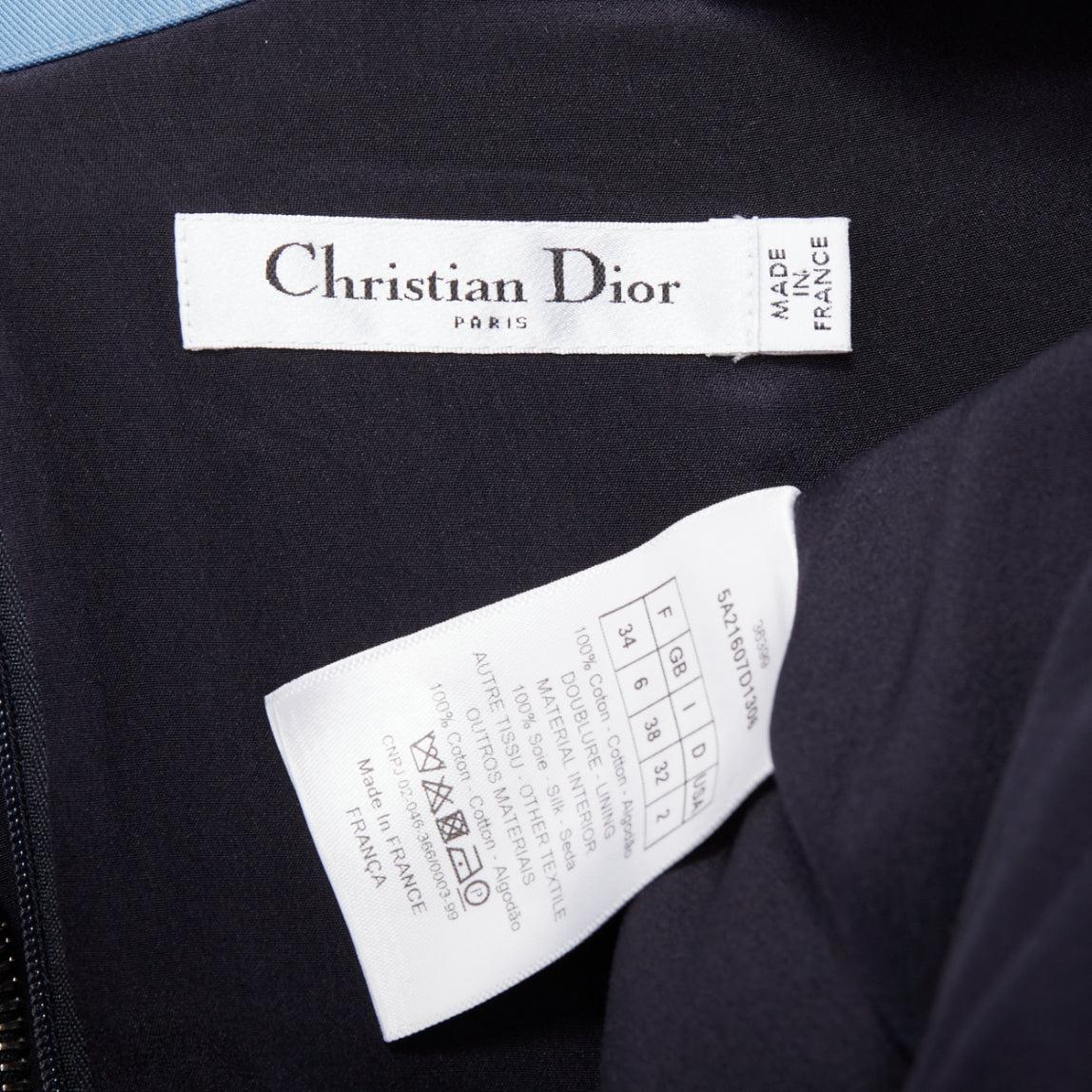 CHRISTIAN DIOR bleu noir coton demi-fermeture éclair A-line soie doublée robe FR34 XS en vente 3