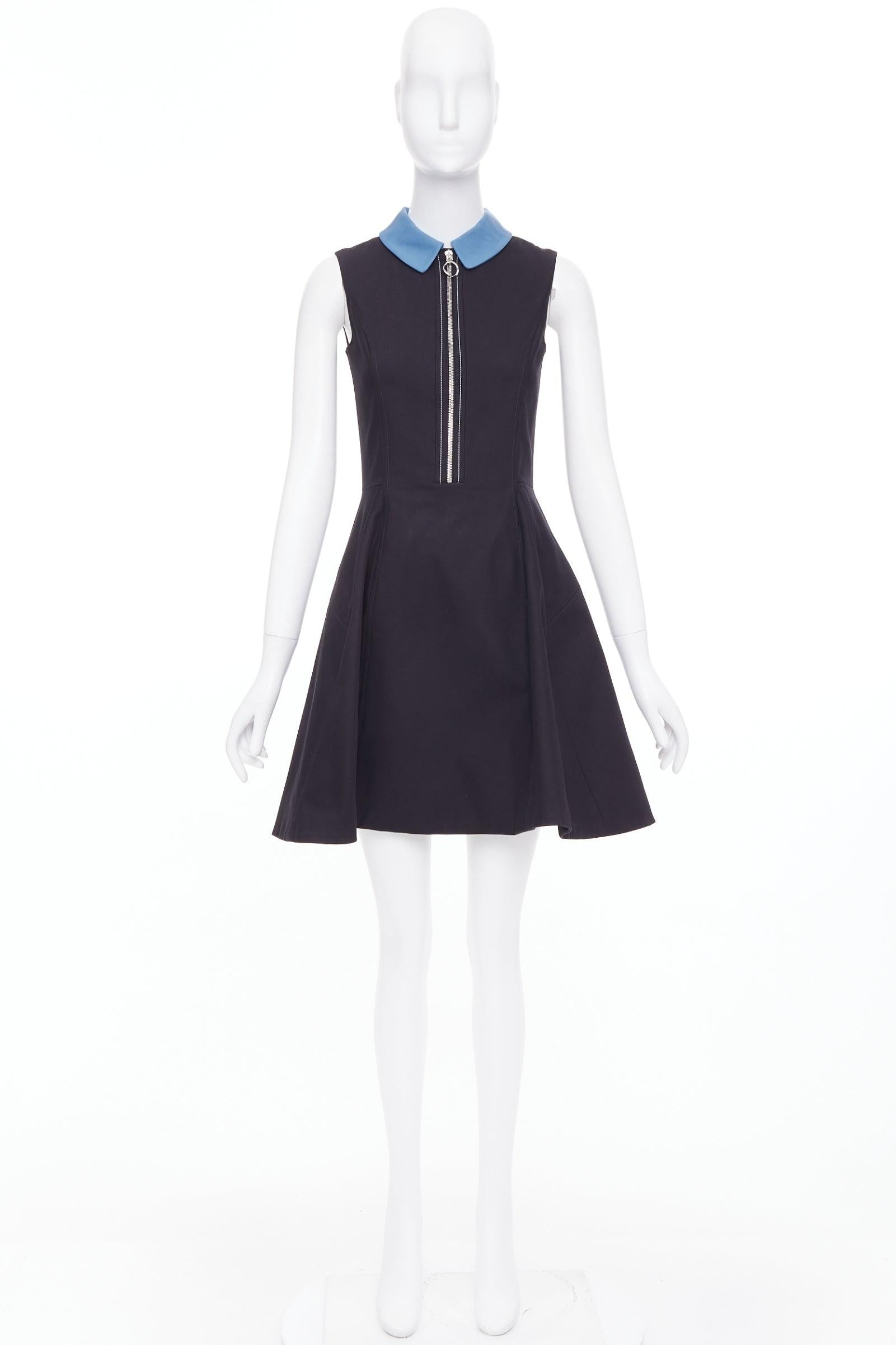 CHRISTIAN DIOR bleu noir coton demi-fermeture éclair A-line soie doublée robe FR34 XS en vente 4
