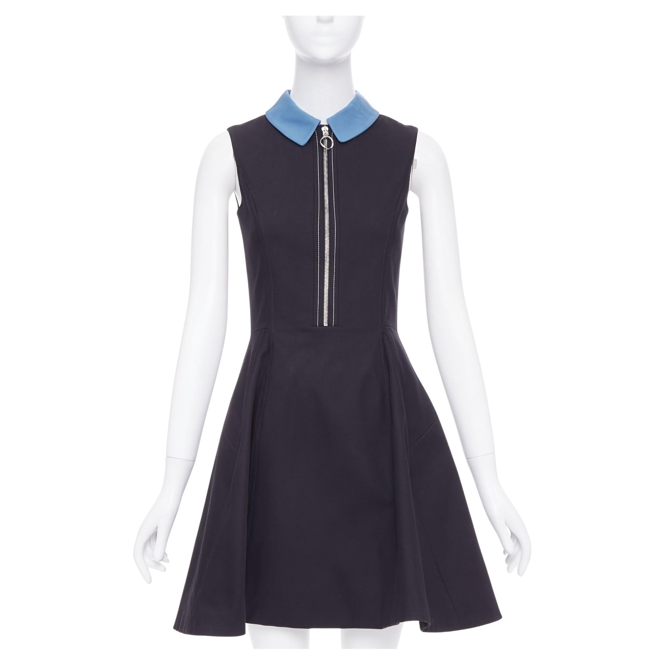 CHRISTIAN DIOR blue black cotton half zip A-line silk lined dress FR34 XS