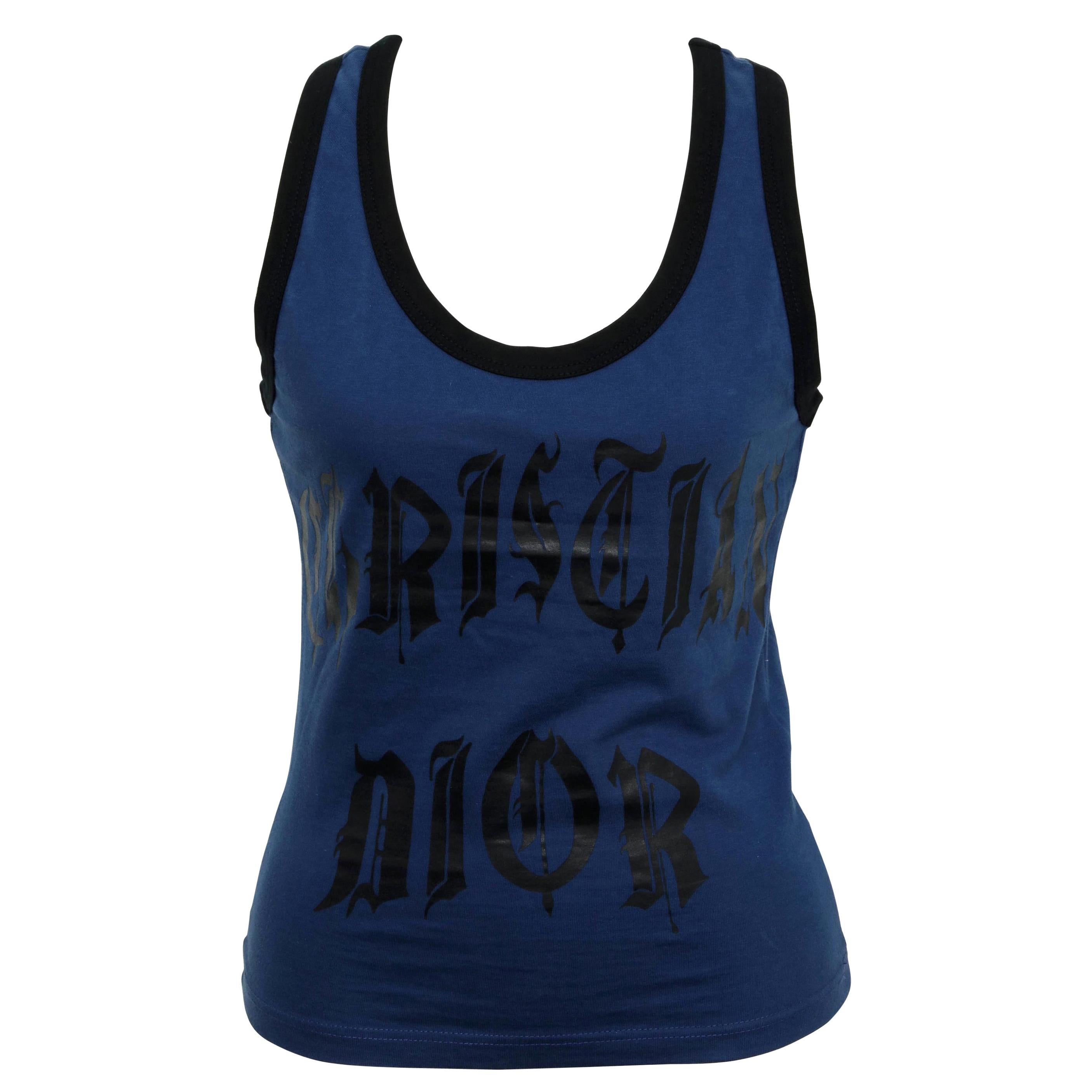 Christian Dior Blue / Black Gothic Logo Tank Top T-shirt For Sale