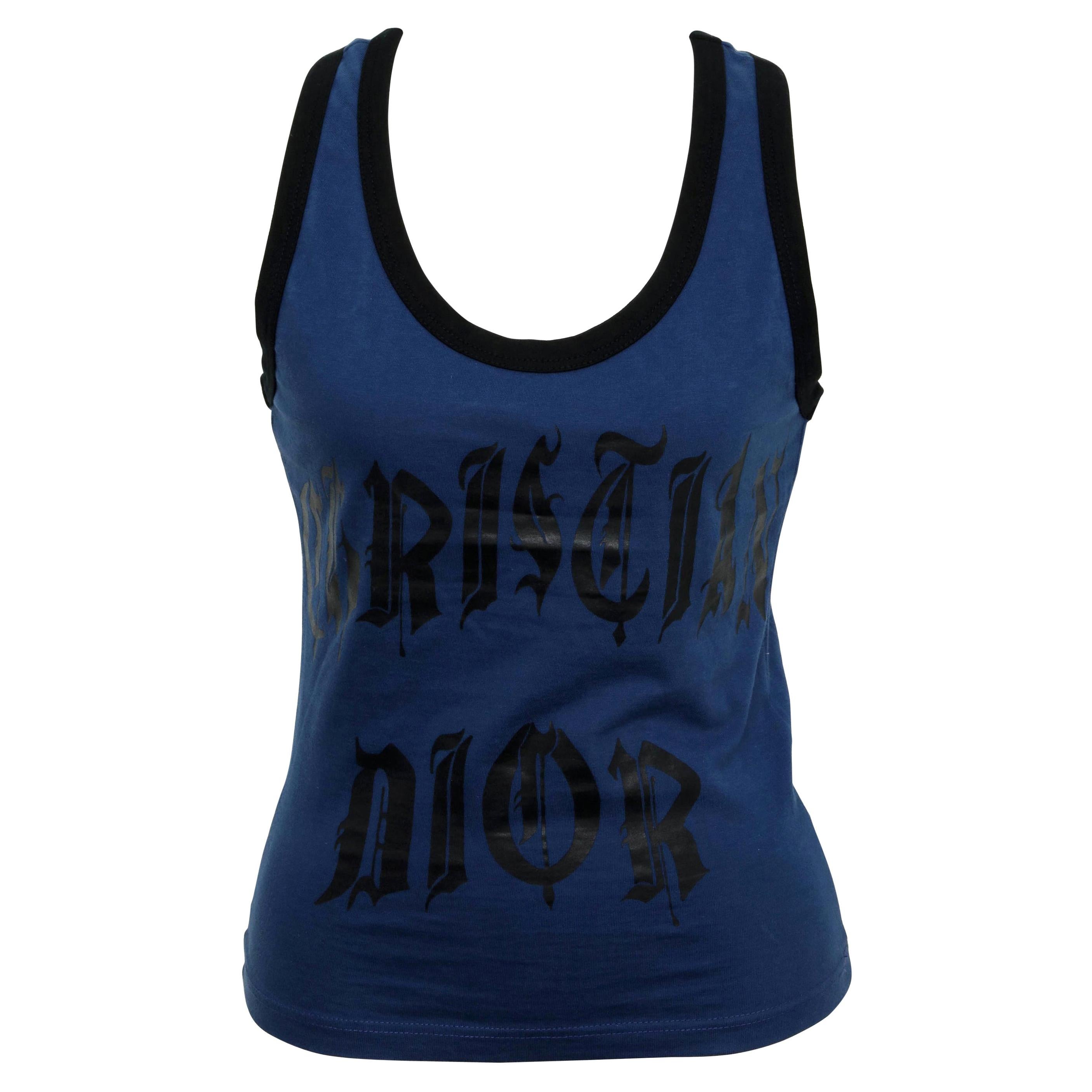 Christian Dior Blue / Black Gothic Logo Tank Top T-shirt For Sale