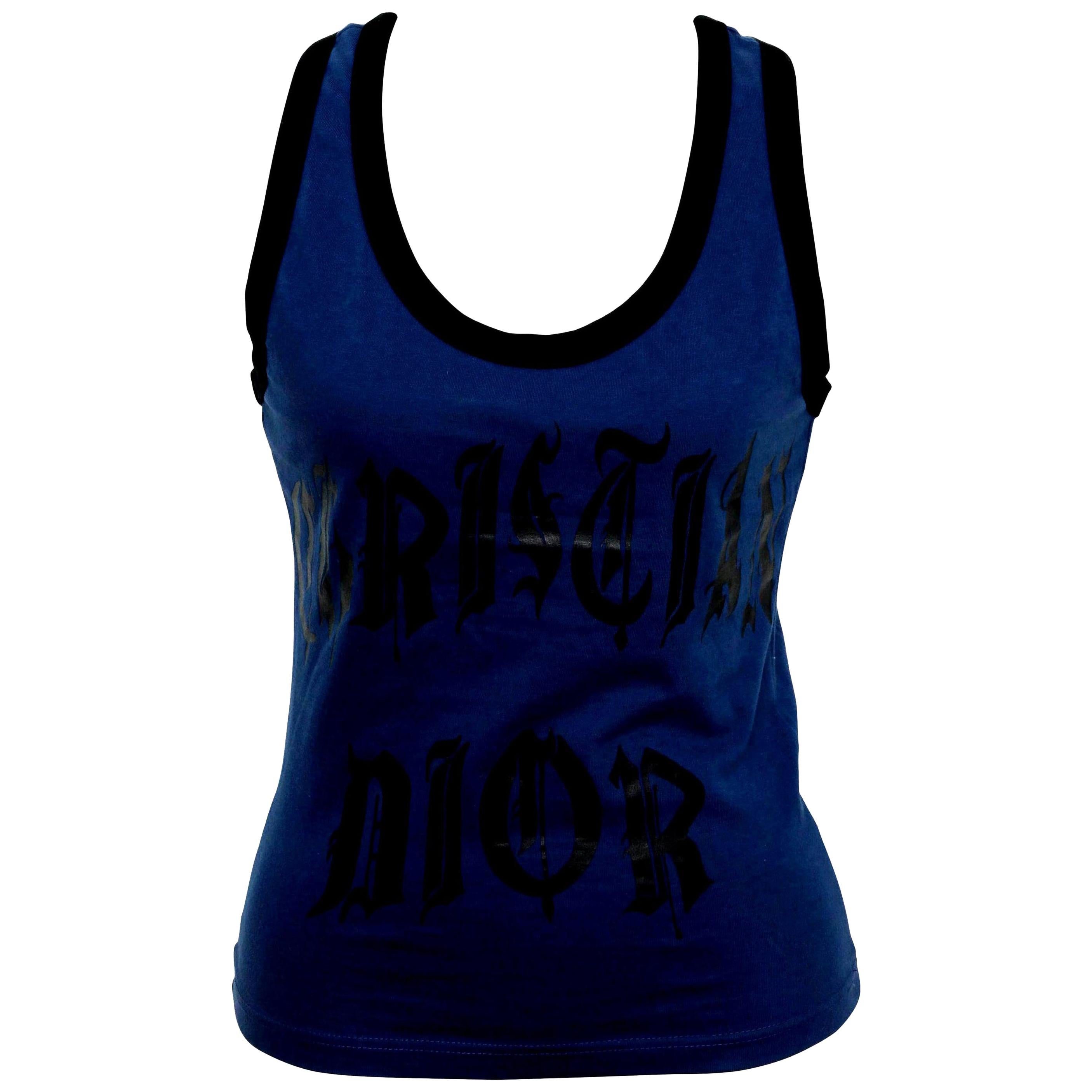 Christian Dior Blue / Black Gothic Logo Tank Top T-shirt For Sale