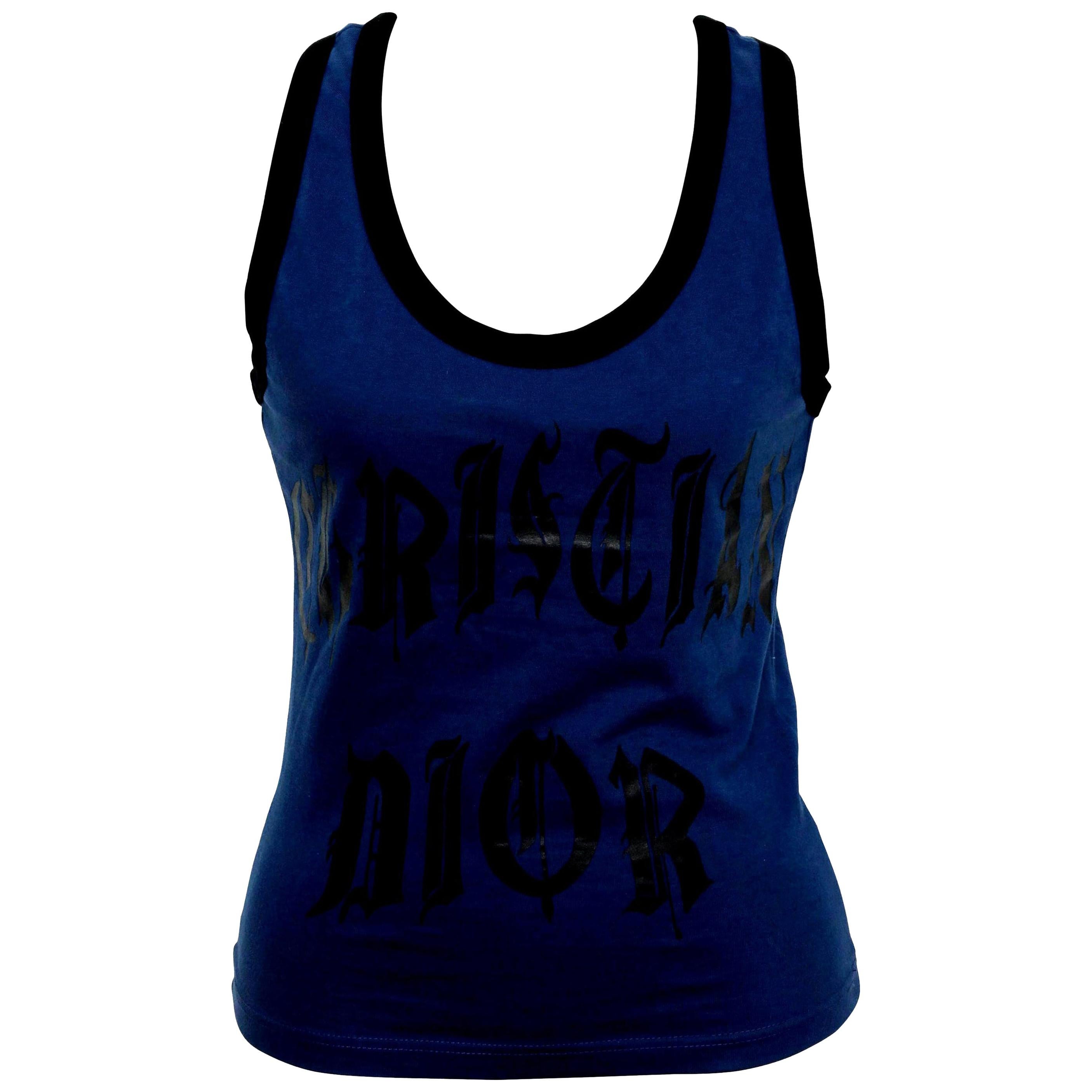 Christian Dior Blue / Black Gothic Logo Tank Top T-shirt For Sale