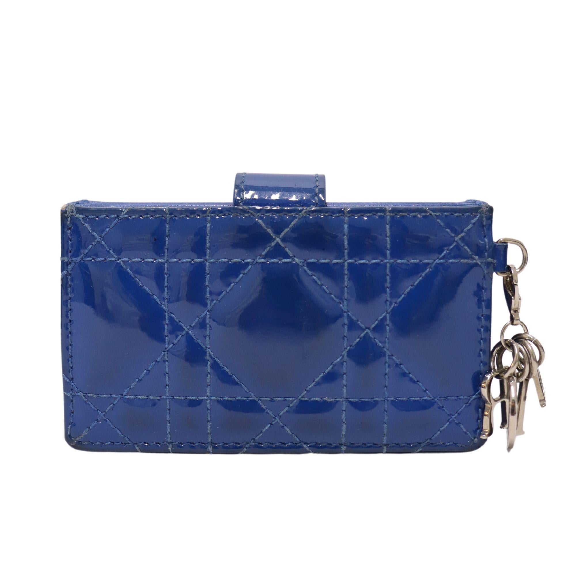 Christian Dior Blue Cannage Patent Leather Gusset Card Holder In Fair Condition For Sale In Amman, JO