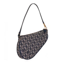 Christian Dior Blue Canvas & Blue Calfskin Leather Vintage Mini Saddle Bag