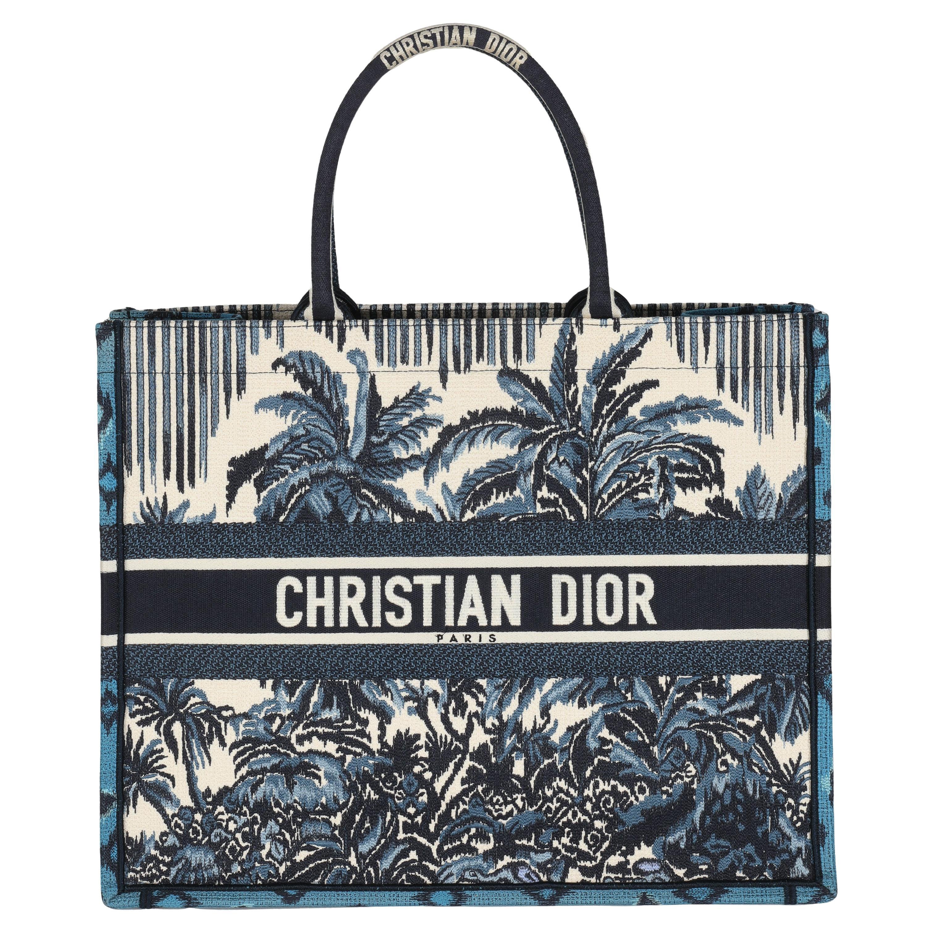 Christian Dior Blau Canvas bestickt Palme Toile De Jouy Großes Buch Tote