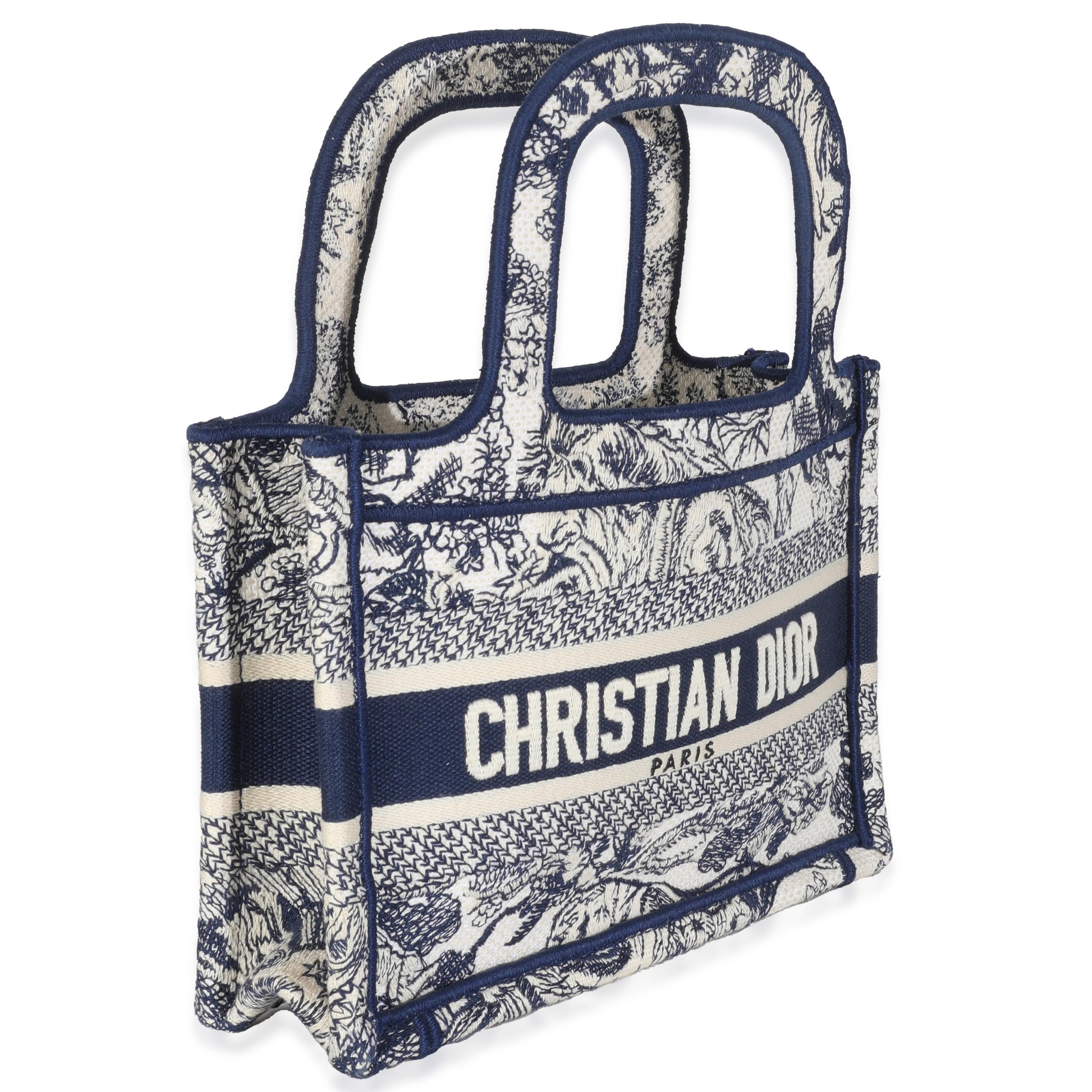 Christian Dior Blue Canvas Embroidered Toile De Jouy Mini Book Tote In Excellent Condition For Sale In New York, NY